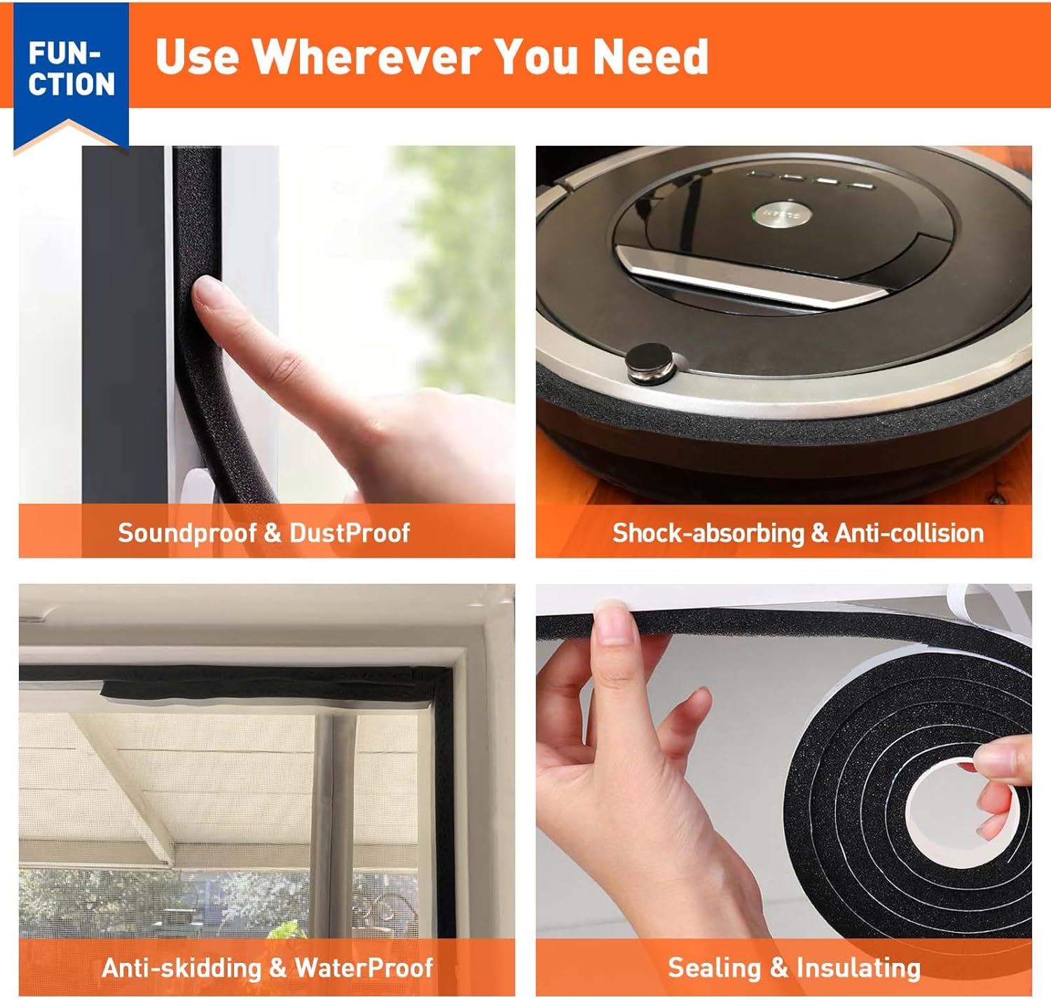 Weather Stripping Door Seal 1 Inch W x 1 Inch T, Strong Adhesion and High Resilience Air Conditioner Foam Insulation for Windows, Total Length 13 Feet (6.5ft x 2 Rolls) - Image 7