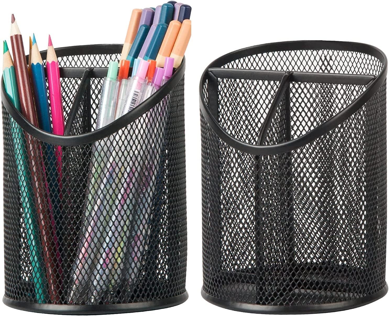 2 Pack Pen Holder Mesh Round Pencil Holder Desktop Organizer 3 Compartments, Black - Image 1