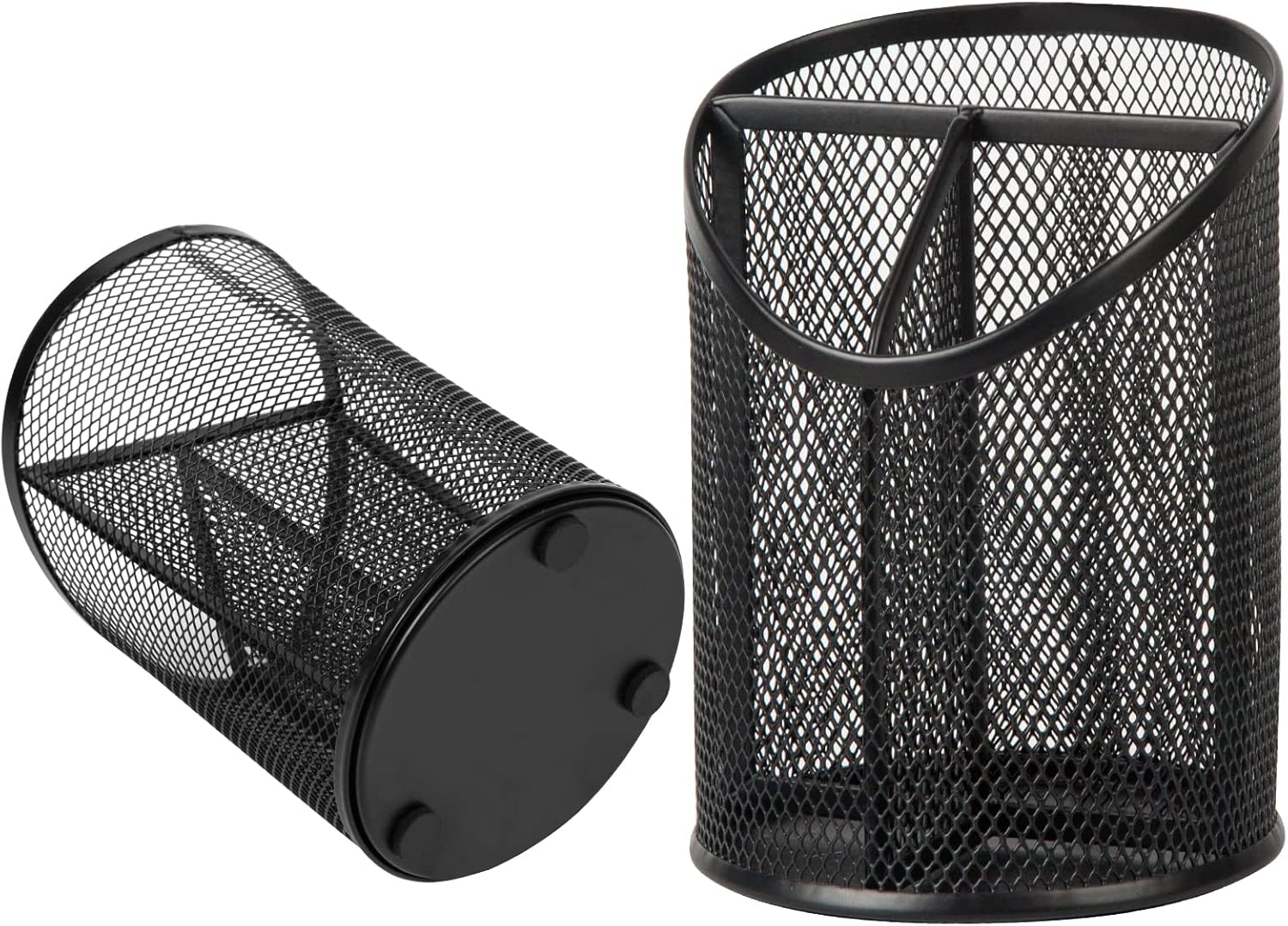 2 Pack Pen Holder Mesh Round Pencil Holder Desktop Organizer 3 Compartments, Black - Image 3