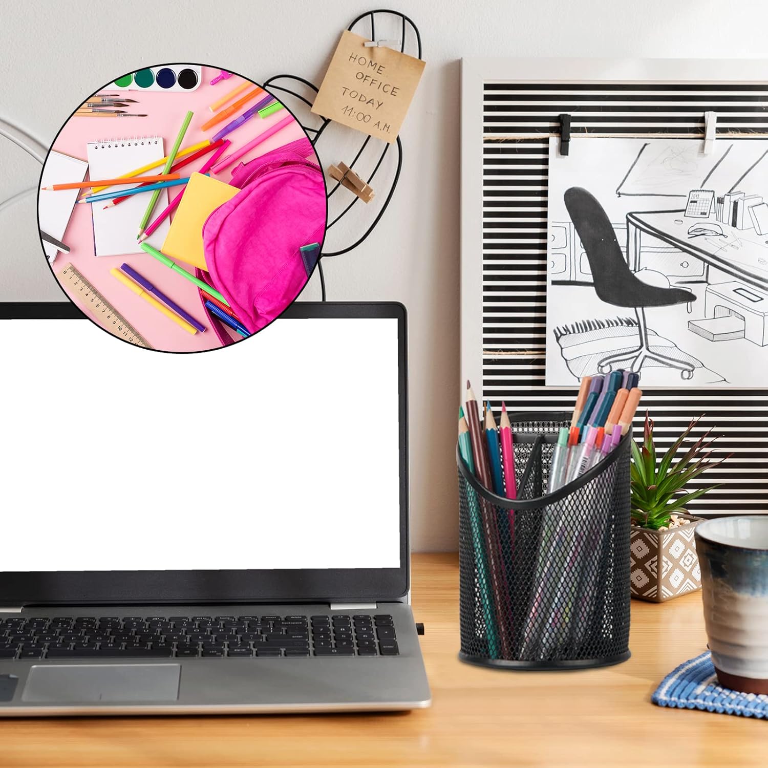 2 Pack Pen Holder Mesh Round Pencil Holder Desktop Organizer 3 Compartments, Black - Image 5
