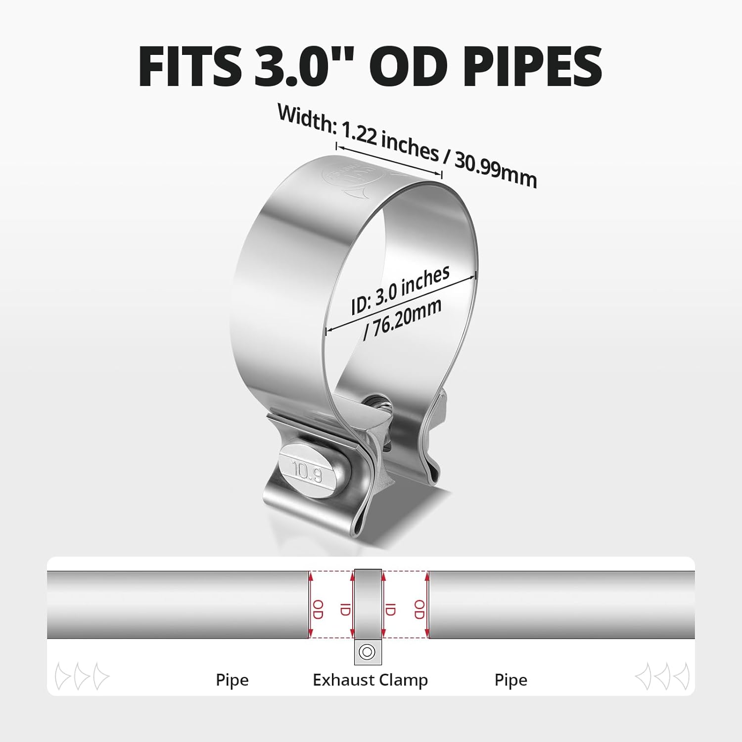 3.0 Inch Exhaust Clamp, Narrow Band Muffler Clamp Stainless Steel for Pipes, Mufflers, Catalytic Converters - Image 2