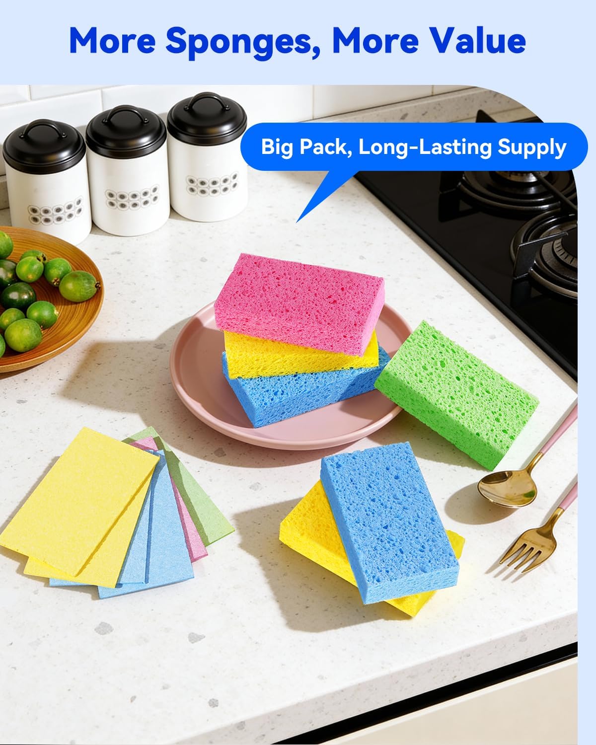 12-Count Cellulose Sponges, Non-Scratch Kitchen Sponges for Dish,Colorful Compressed Dish Scrubber Sponge for Household,Cookware,Bathroom - Image 7