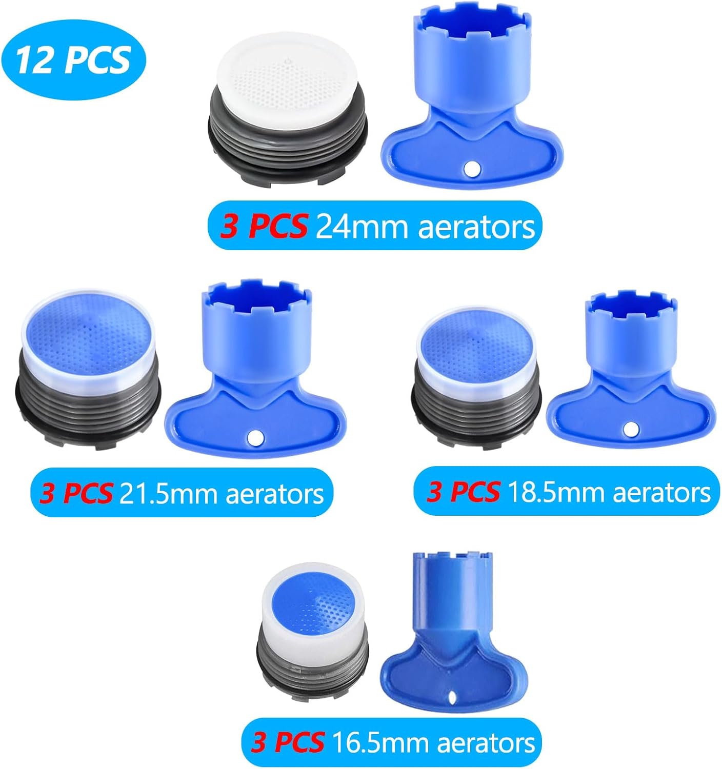 12 PCS Faucet Aerator Set, M16.5, M18.5, M21.5, M24, Kitchen & Bathroom Sink Aerator Replacement with Key Removal Wrench Tool - Image 4