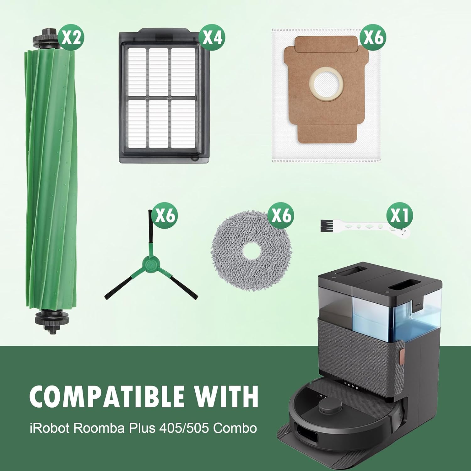 25 Pcs Replacement Parts for iRobot Roomba Plus 405 Combo/505 Combo /507 Combo Robot Vacuum Cleaner, include 2 Main Brushes, 6 Dust Bags, 6 Mop Pads, 4 Filters, 6 Side Brushes and 1 Cleaning Tool - Image 2