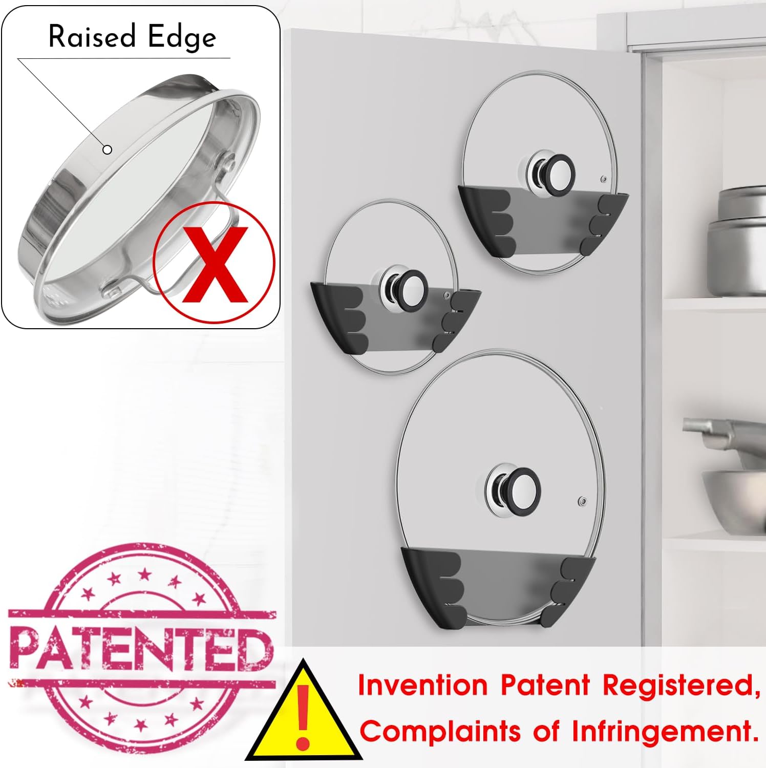 Universal Pot Lid Organizer for Cabinet - Upgraded Patented  6 Pack Pan Lids Organizers Inside Door Wall Mount Pots Top Storage Rack Holder Kitchen, Fits 6
