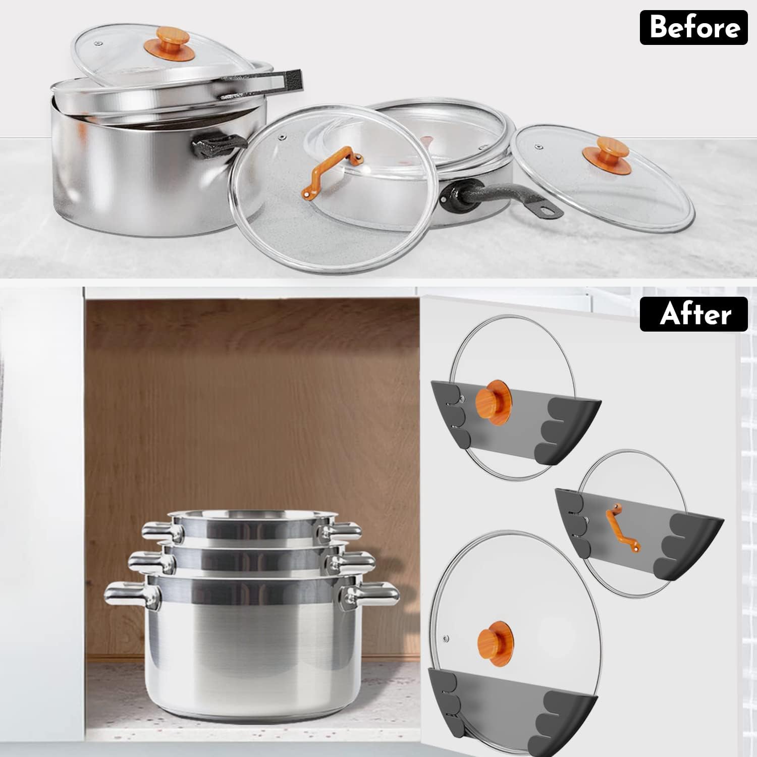 Universal Pot Lid Organizer for Cabinet - Upgraded Patented  6 Pack Pan Lids Organizers Inside Door Wall Mount Pots Top Storage Rack Holder Kitchen, Fits 6