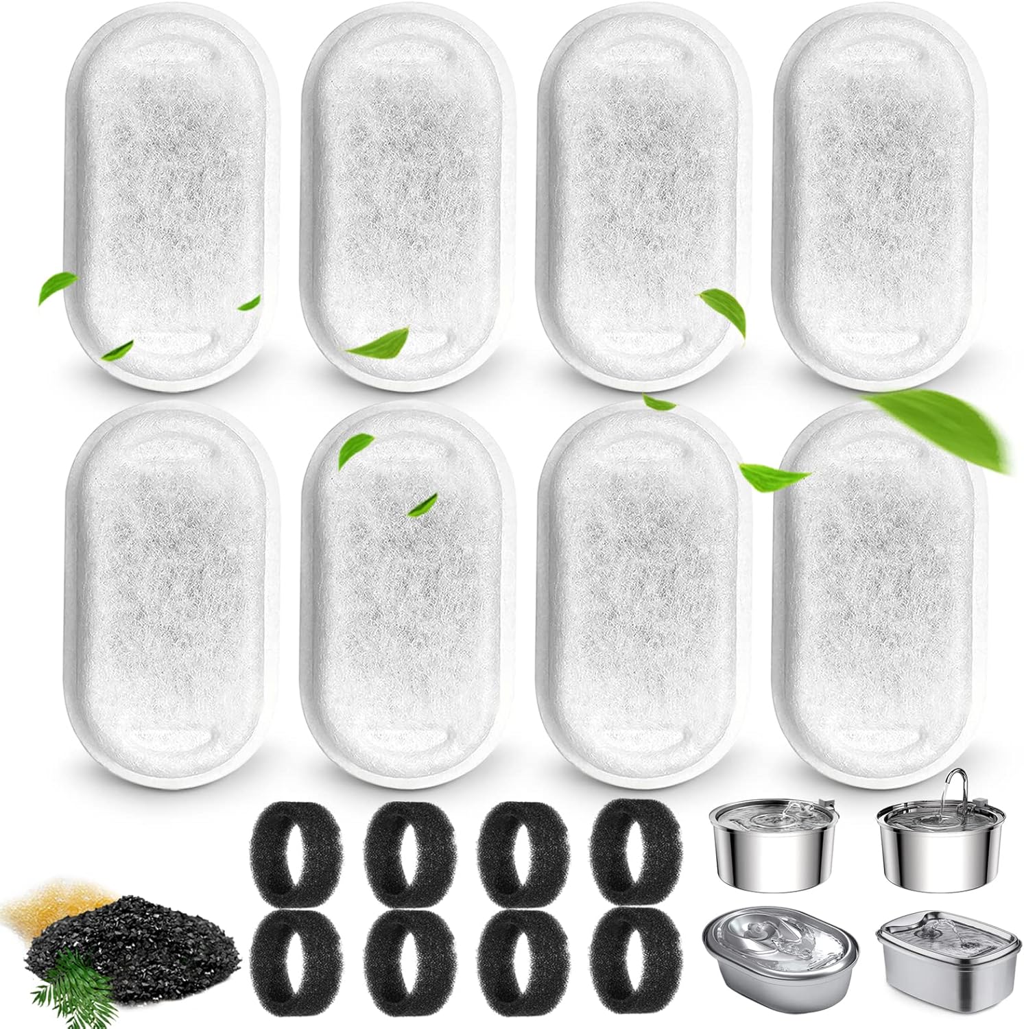 Cat Water Fountain Filters for 108/3.2L& 67oz/2L Stainless Steel Pet Water Dispenser Fountain Filter Replacement with 8 Sponges (8 Filters&8 Sponges) - Image 1