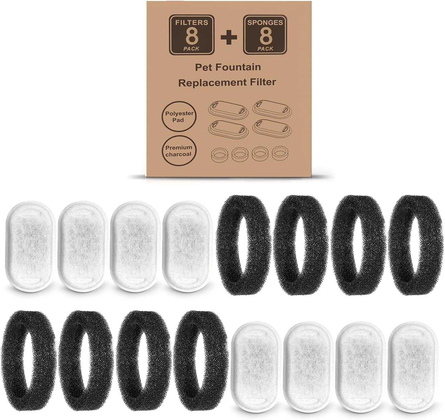 Cat Water Fountain Filters for 108/3.2L& 67oz/2L Stainless Steel Pet Water Dispenser Fountain Filter Replacement with 8 Sponges (8 Filters&8 Sponges) - Image 7