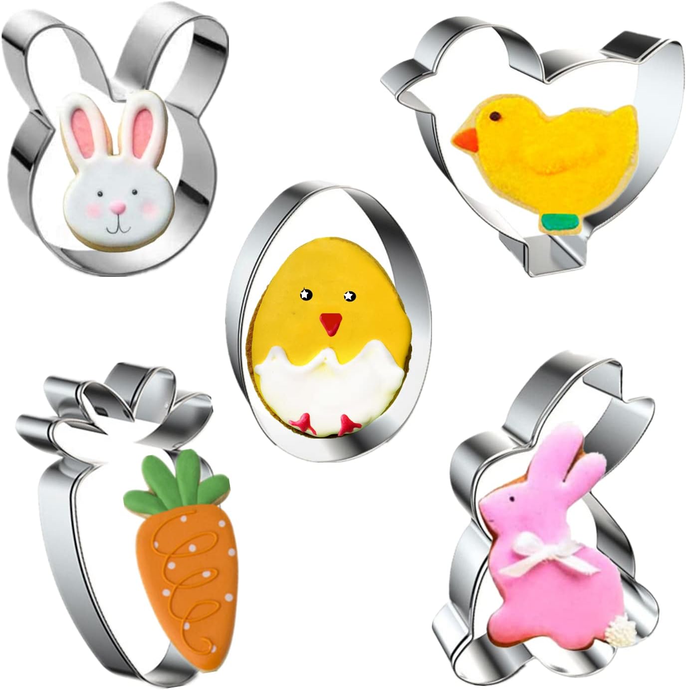 Easter Cookie Cutters, 5 Pieces Chick Carrot Egg Bunny Rabbite Shapes Metal Cookie Cutters Stainless Steel Sets Holiday Themed Baking Kit - Image 1