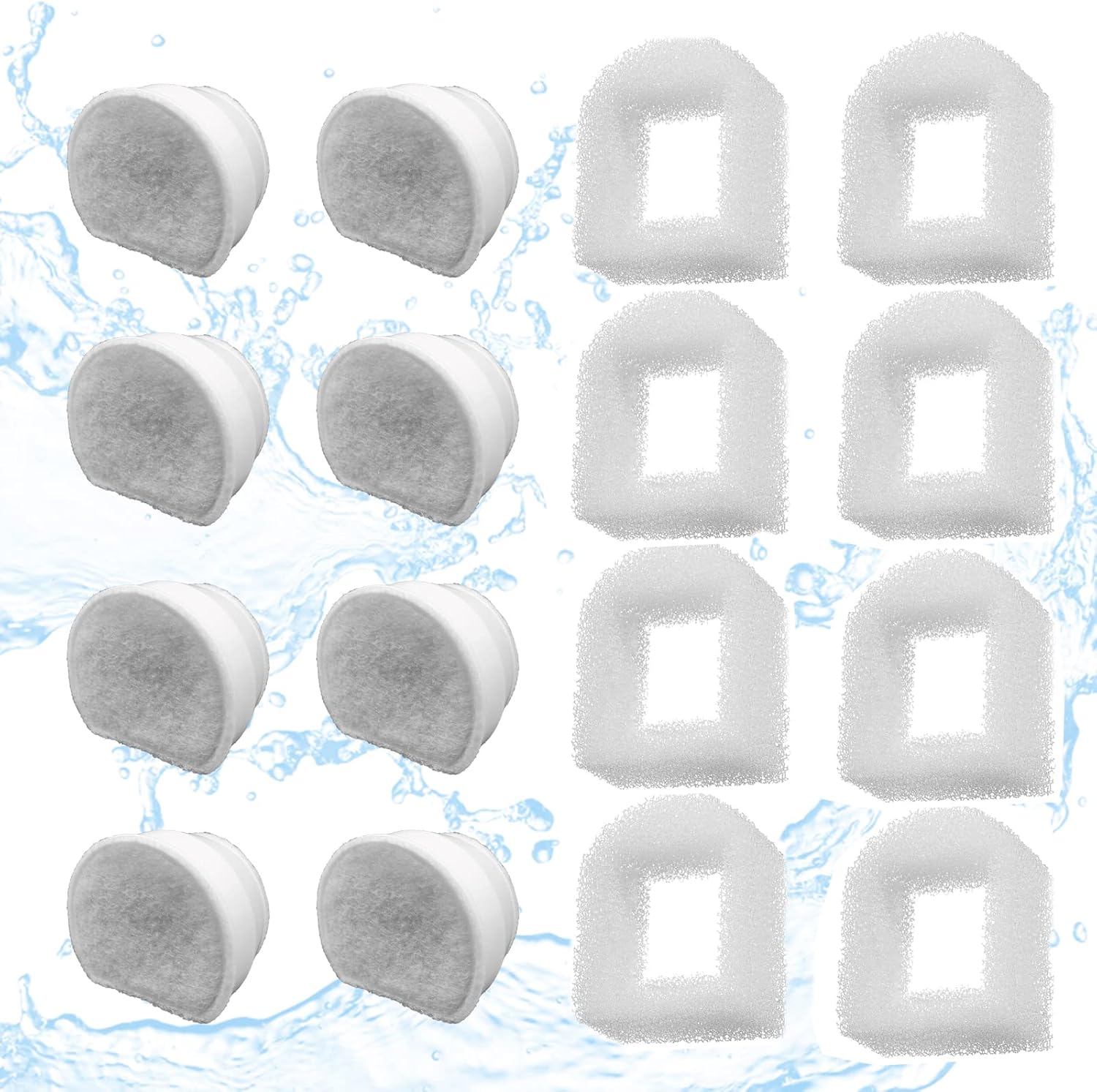 16 Pack Pet Fountain Filter Replacement,8 Carbon Filters and 8 Foam Pre-Filter Replacement Compatible with Multiple Pet Water Dspensers Water Bowl - Image 1