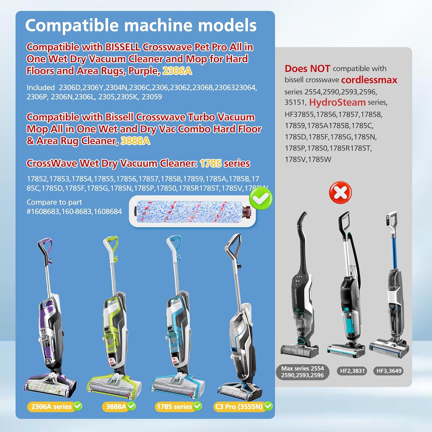 Replacements Compatible with Bissell CrossWave, 3 Multi-Surface Brush Roll 1868 + 3 Vacuum Filter 1866 Vacuum Filter, Compare to Part 1608683, 160-8683, 1608684 - Image 2