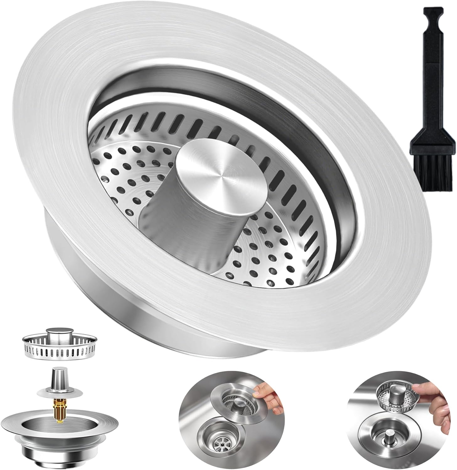 3-in-1 Kitchen Sink Drain Strainer Stopper, Upgraded Stainless Steel Sink Plug with Anti-Clog Filter Basket, Fits Standard 3-1/2 Inch Drain Hole, Pop Up Garbage Disposal Cover Food Catcher - Image 1