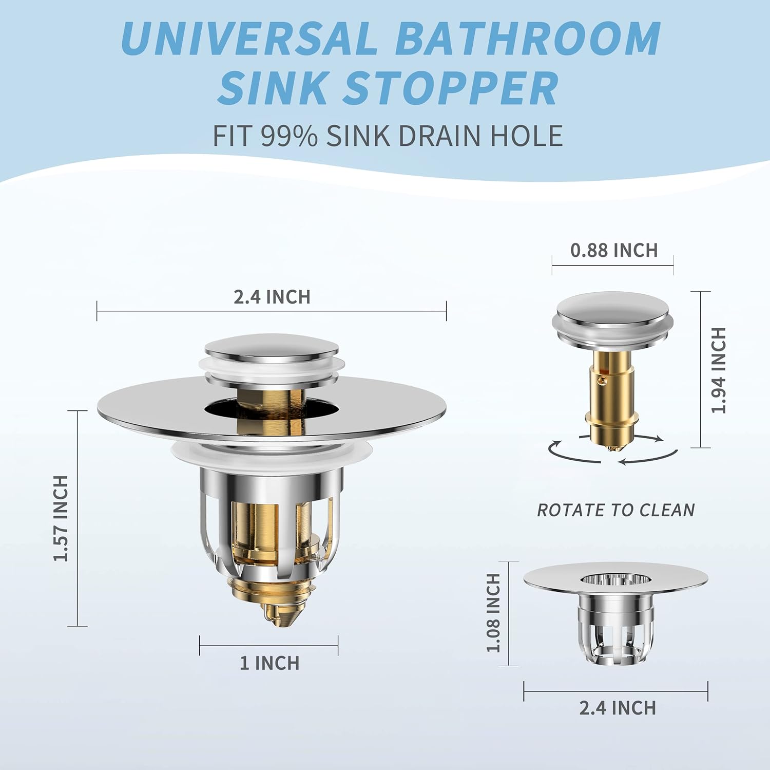 Universal 2 in 1 Bathroom Sink Stopper, Pop Up Bathroom Sink Drain Strainer with Anti-Clogging Filter Basket, Bathroom Drain Stopper Sink Plug for 1.06
