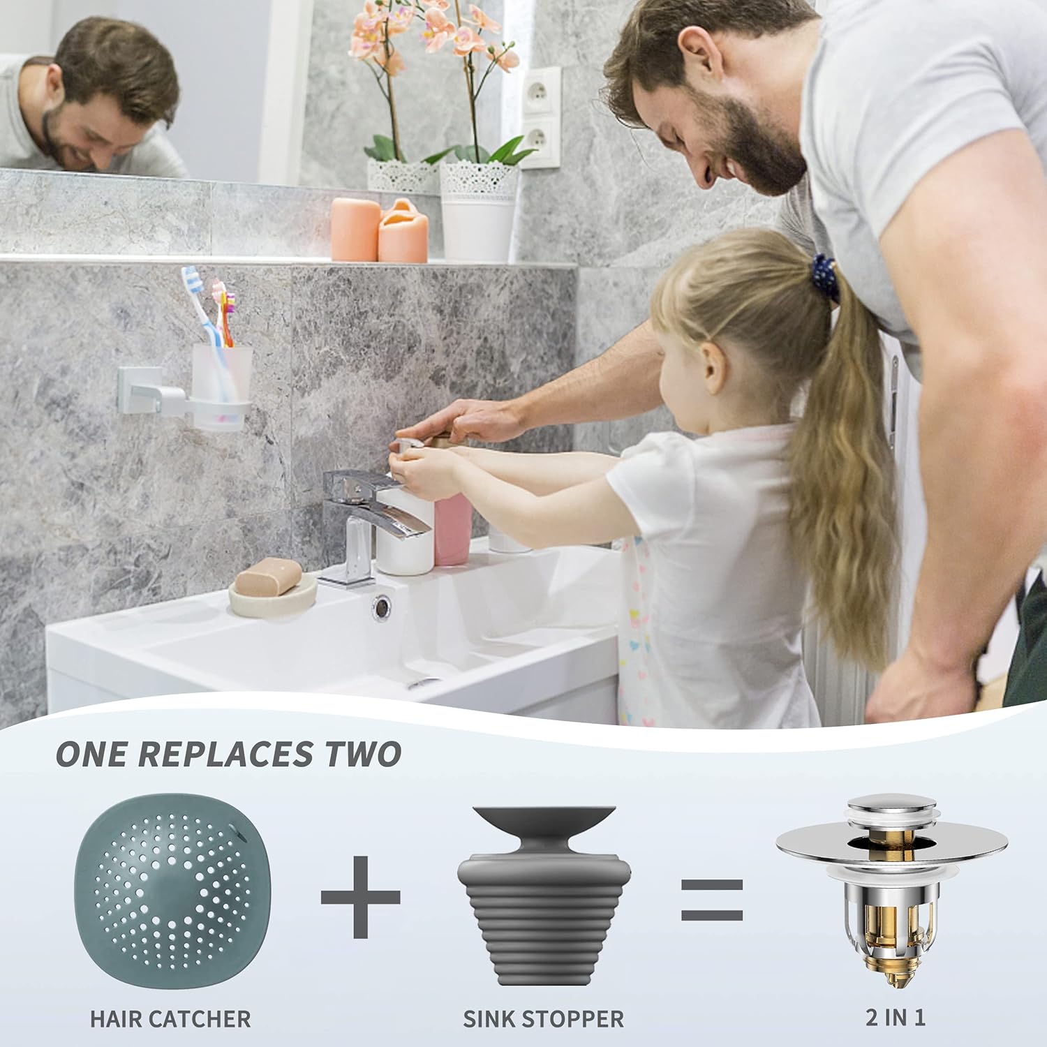 Universal 2 in 1 Bathroom Sink Stopper, Pop Up Bathroom Sink Drain Strainer with Anti-Clogging Filter Basket, Bathroom Drain Stopper Sink Plug for 1.06