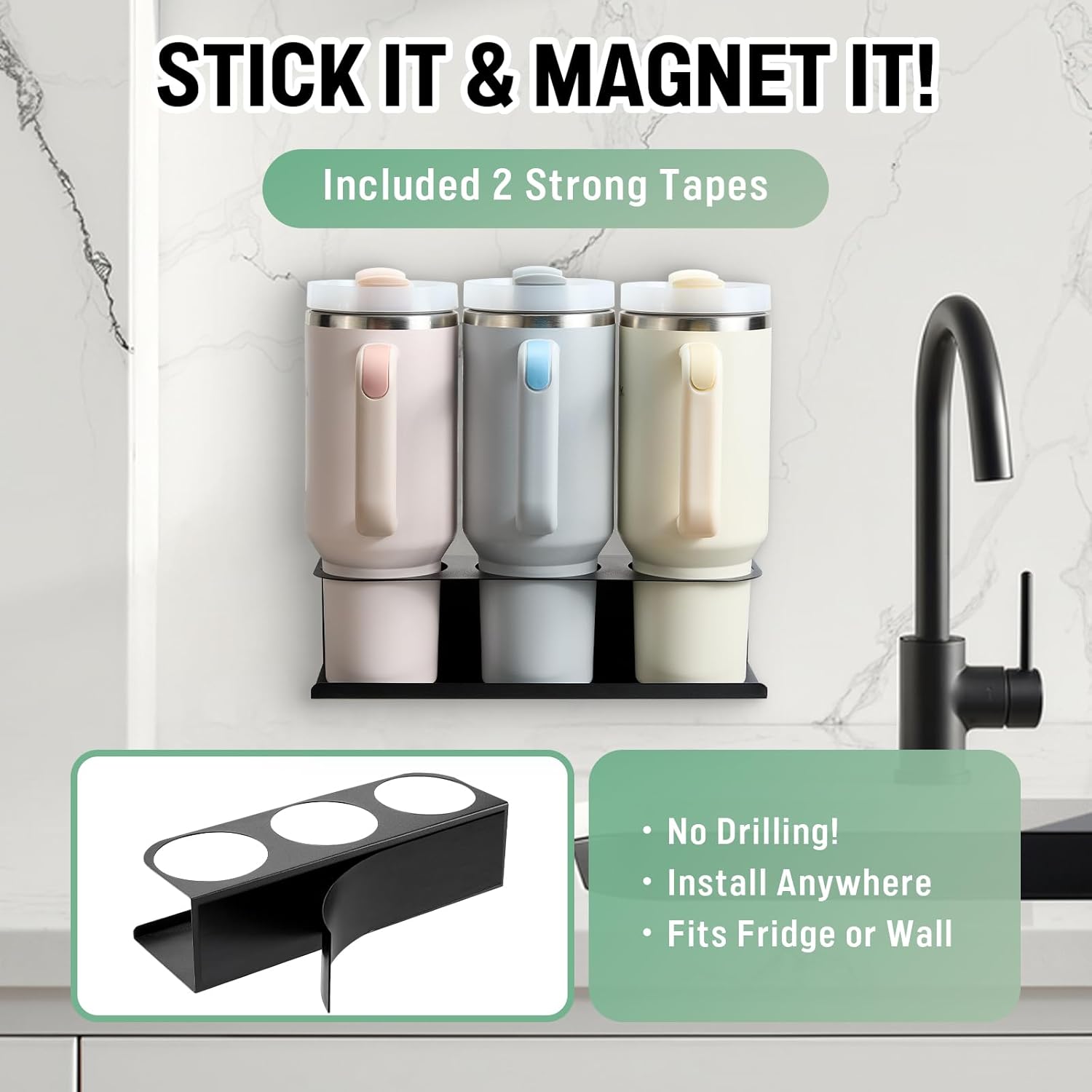 2 Pack Magnetic Stanley Cup Holder Water Bottle Organizer for Stanley 30&40 oz Tumbler with Double Sided Tape Hold Stanley Cup Accessories for Kitchen Fridge Cabinet - Image 4