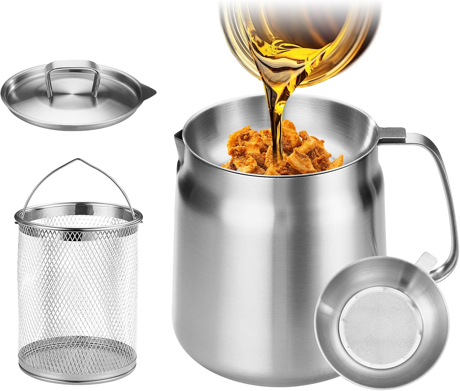 119oz 304 Stainless Steel Deep Fryer Pot with Basket & Strainer, Large Capacity Bacon Grease Container for Kitchen,Frying, Cooking, Camping,Oil Filter Container - Dishwasher Safe (119oz/3.5L/3.7Qt) - Image 1