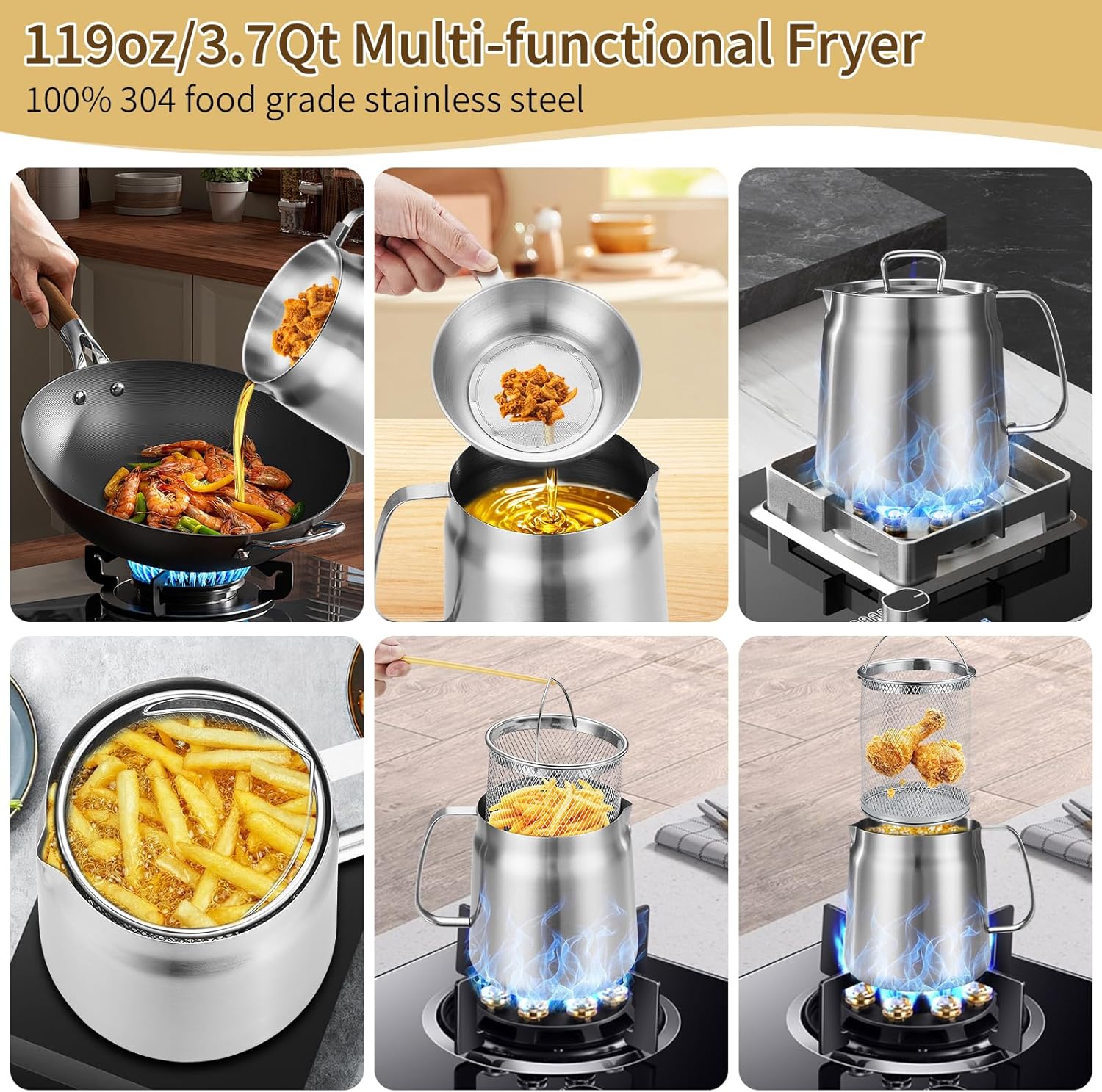 119oz 304 Stainless Steel Deep Fryer Pot with Basket & Strainer, Large Capacity Bacon Grease Container for Kitchen,Frying, Cooking, Camping,Oil Filter Container - Dishwasher Safe (119oz/3.5L/3.7Qt) - Image 2