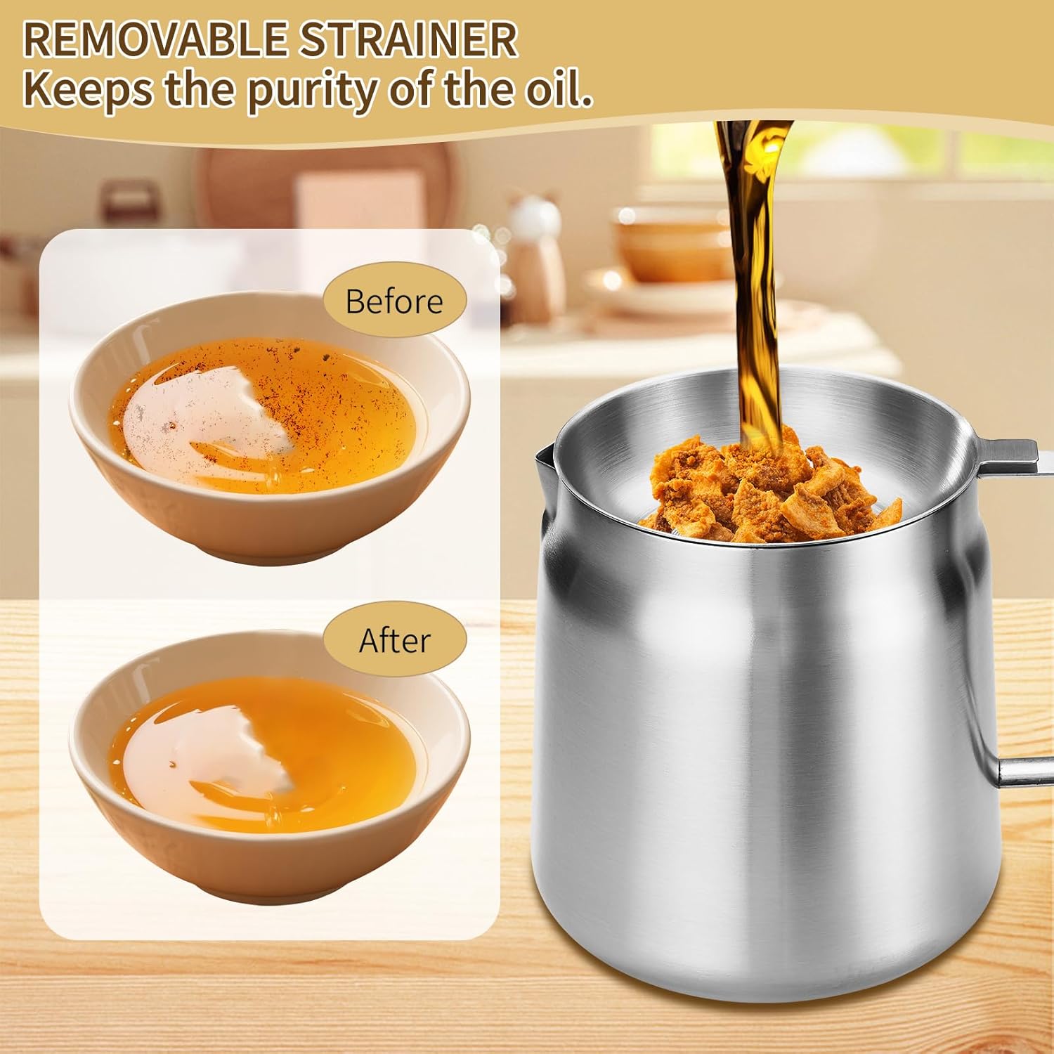 119oz 304 Stainless Steel Deep Fryer Pot with Basket & Strainer, Large Capacity Bacon Grease Container for Kitchen,Frying, Cooking, Camping,Oil Filter Container - Dishwasher Safe (119oz/3.5L/3.7Qt) - Image 3