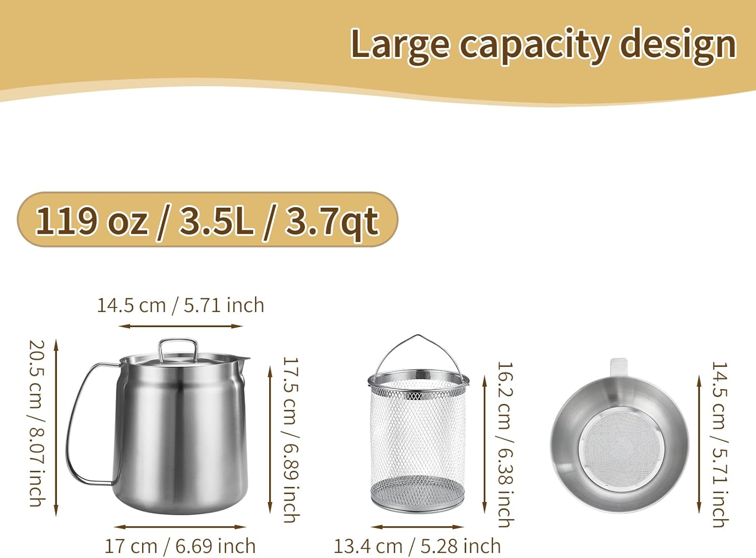 119oz 304 Stainless Steel Deep Fryer Pot with Basket & Strainer, Large Capacity Bacon Grease Container for Kitchen,Frying, Cooking, Camping,Oil Filter Container - Dishwasher Safe (119oz/3.5L/3.7Qt) - Image 4