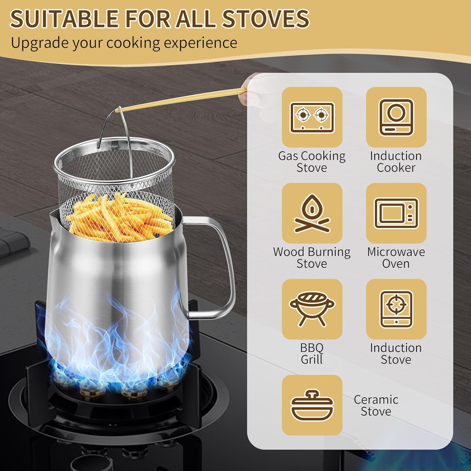 119oz 304 Stainless Steel Deep Fryer Pot with Basket & Strainer, Large Capacity Bacon Grease Container for Kitchen,Frying, Cooking, Camping,Oil Filter Container - Dishwasher Safe (119oz/3.5L/3.7Qt) - Image 5