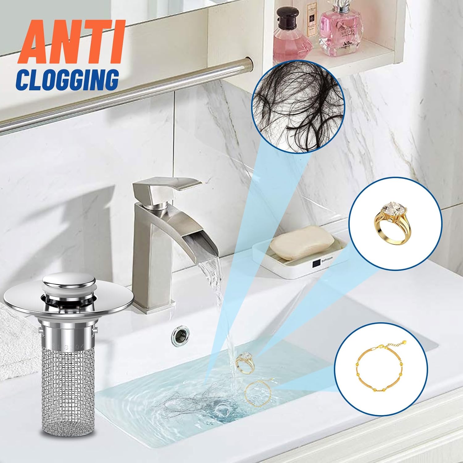 2024 New Pop Up Bathroom Sink Drain Strainer Hair Catcher, Sink Drain Stopper with Removable Stainless Steel Filter Basket,for US Bathroom Sink Stopper Replacement (2PCS) - Image 2