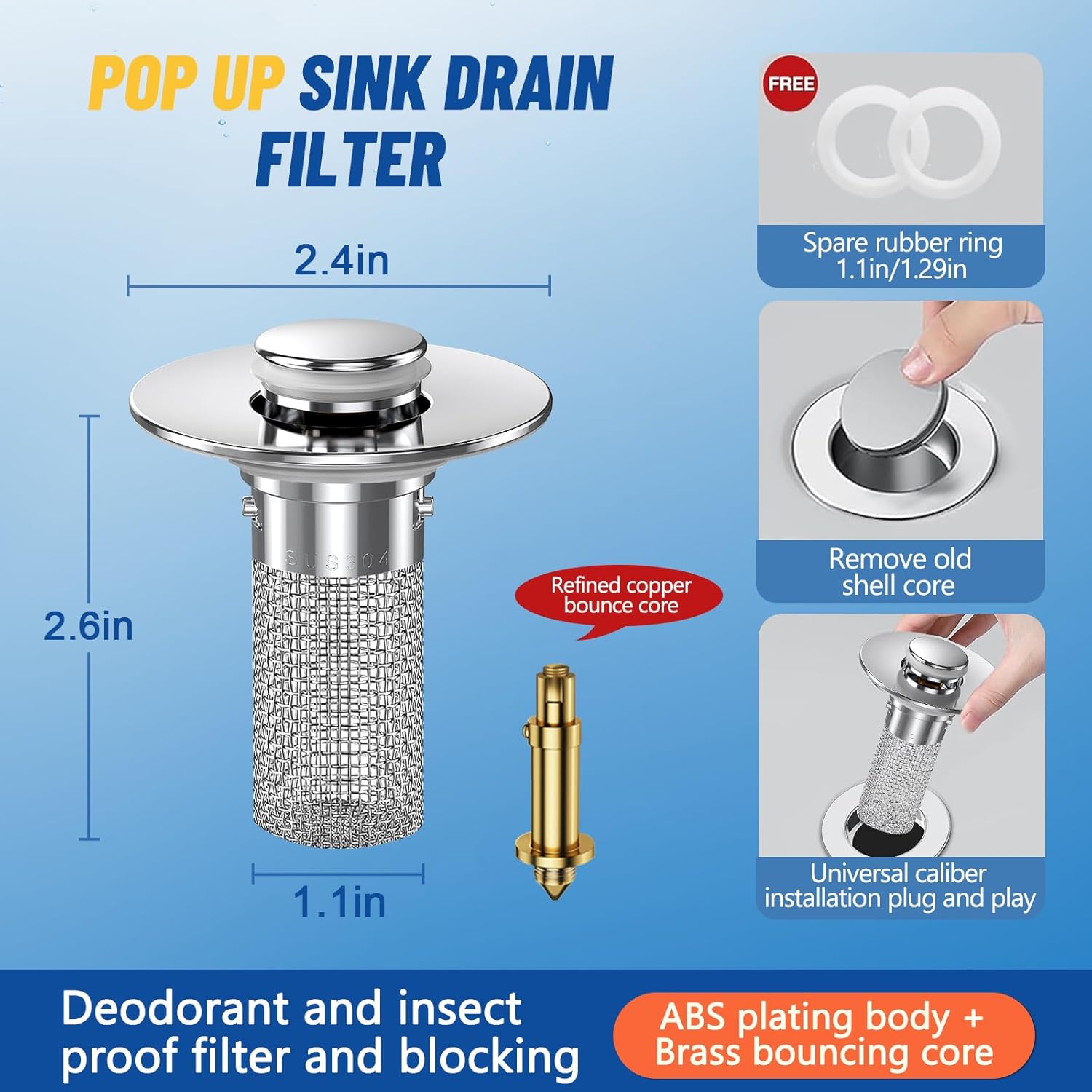 2024 New Pop Up Bathroom Sink Drain Strainer Hair Catcher, Sink Drain Stopper with Removable Stainless Steel Filter Basket,for US Bathroom Sink Stopper Replacement (2PCS) - Image 4