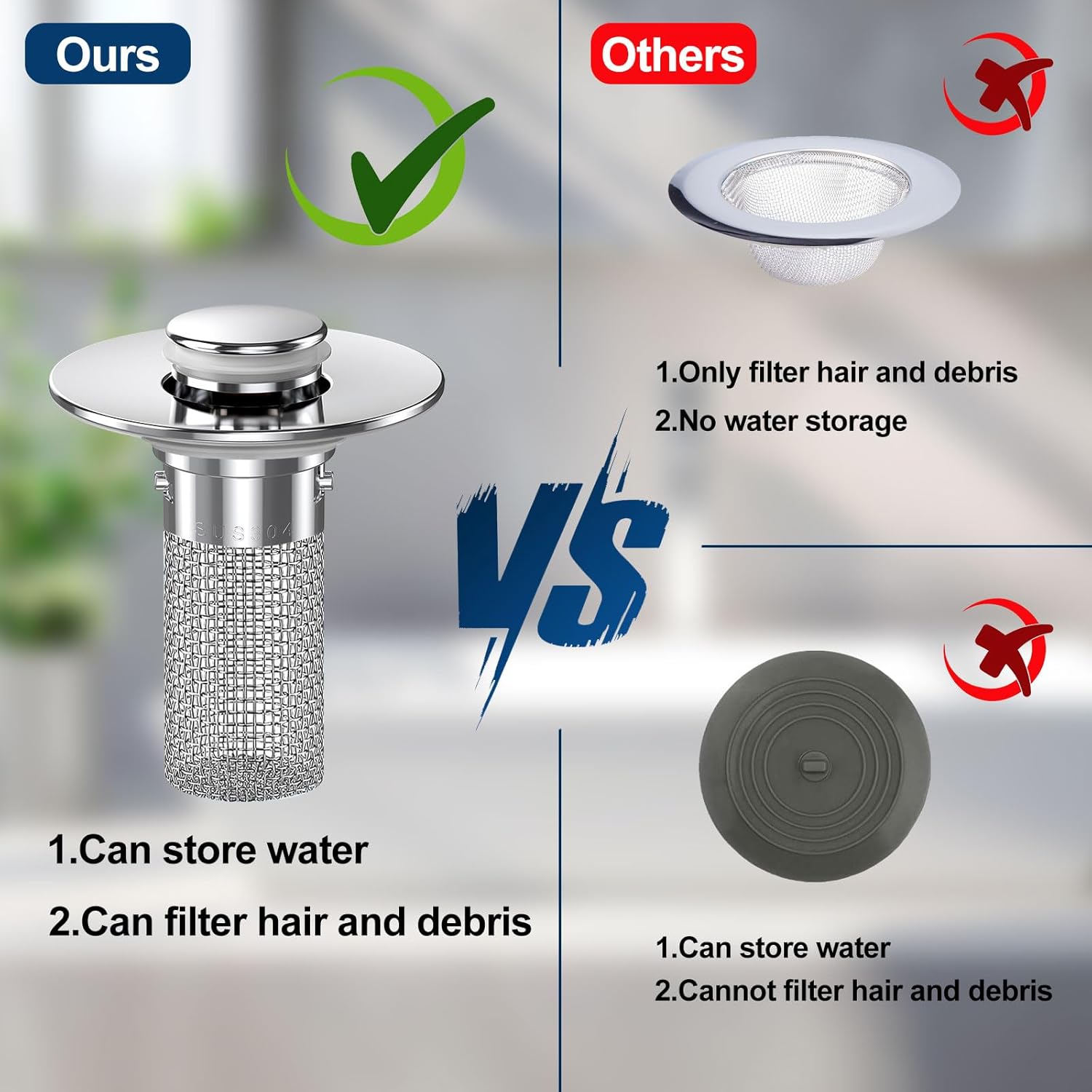 2024 New Pop Up Bathroom Sink Drain Strainer Hair Catcher, Sink Drain Stopper with Removable Stainless Steel Filter Basket,for US Bathroom Sink Stopper Replacement (2PCS) - Image 5
