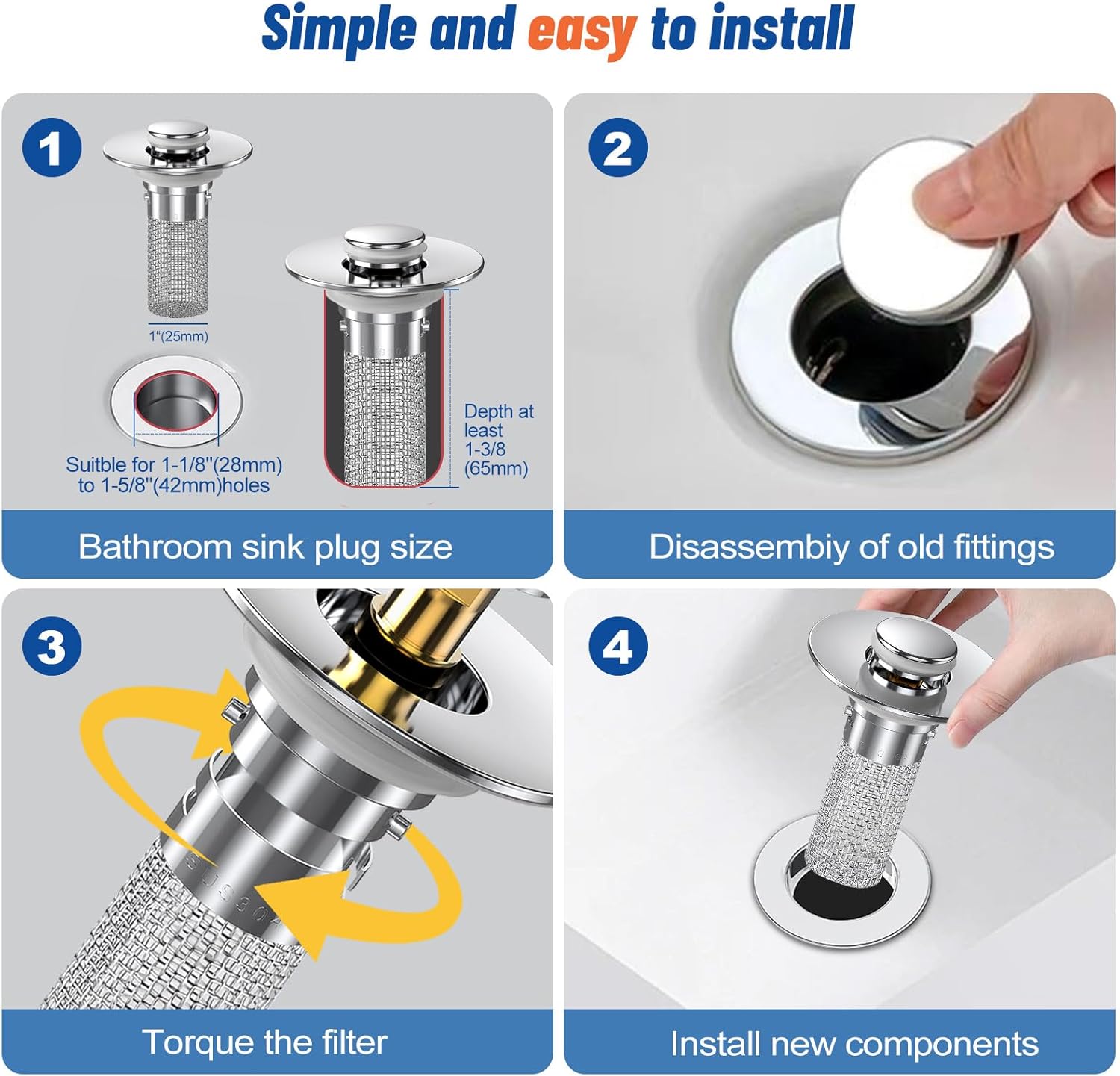 2024 New Pop Up Bathroom Sink Drain Strainer Hair Catcher, Sink Drain Stopper with Removable Stainless Steel Filter Basket,for US Bathroom Sink Stopper Replacement (2PCS) - Image 7