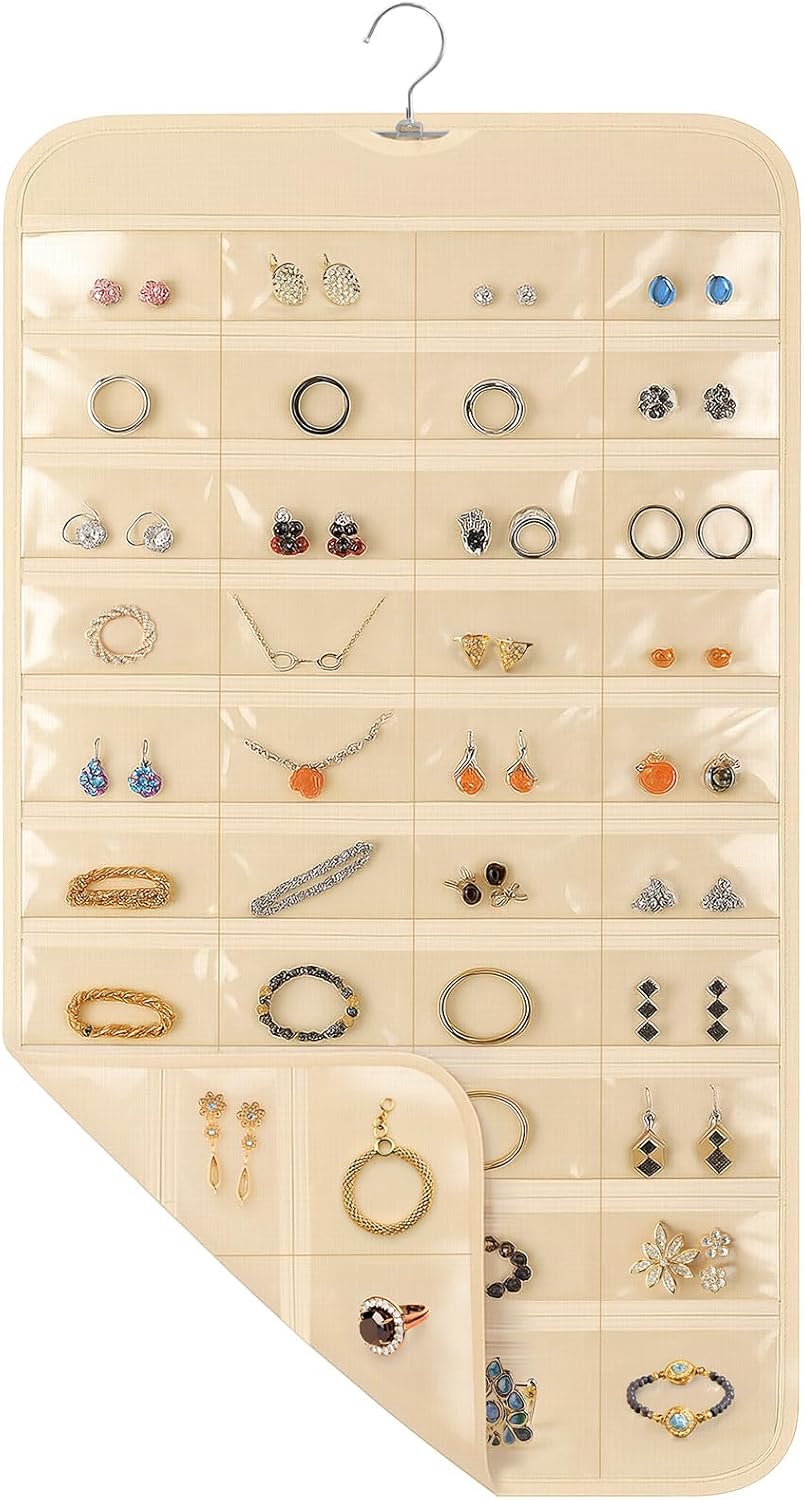 1 Pack Hanging Jewelry Organizer, 80 Clear Pockets earring organizer and storage, Accessories holder organizer for Closet, Jewelries, Necklace, Travel - Image 1