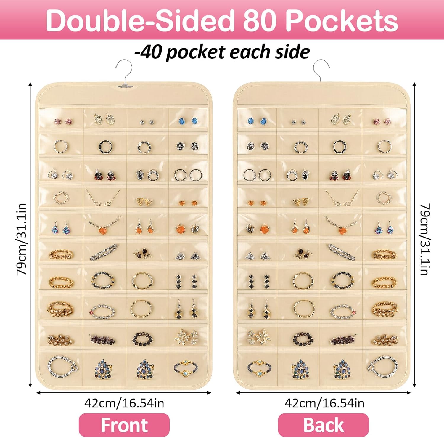 1 Pack Hanging Jewelry Organizer, 80 Clear Pockets earring organizer and storage, Accessories holder organizer for Closet, Jewelries, Necklace, Travel - Image 2