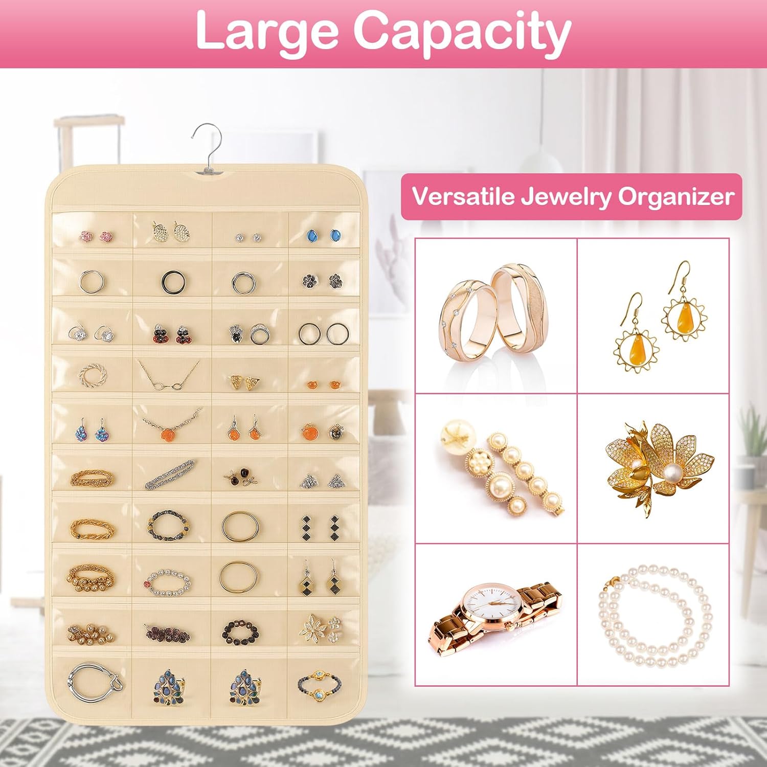 1 Pack Hanging Jewelry Organizer, 80 Clear Pockets earring organizer and storage, Accessories holder organizer for Closet, Jewelries, Necklace, Travel - Image 4