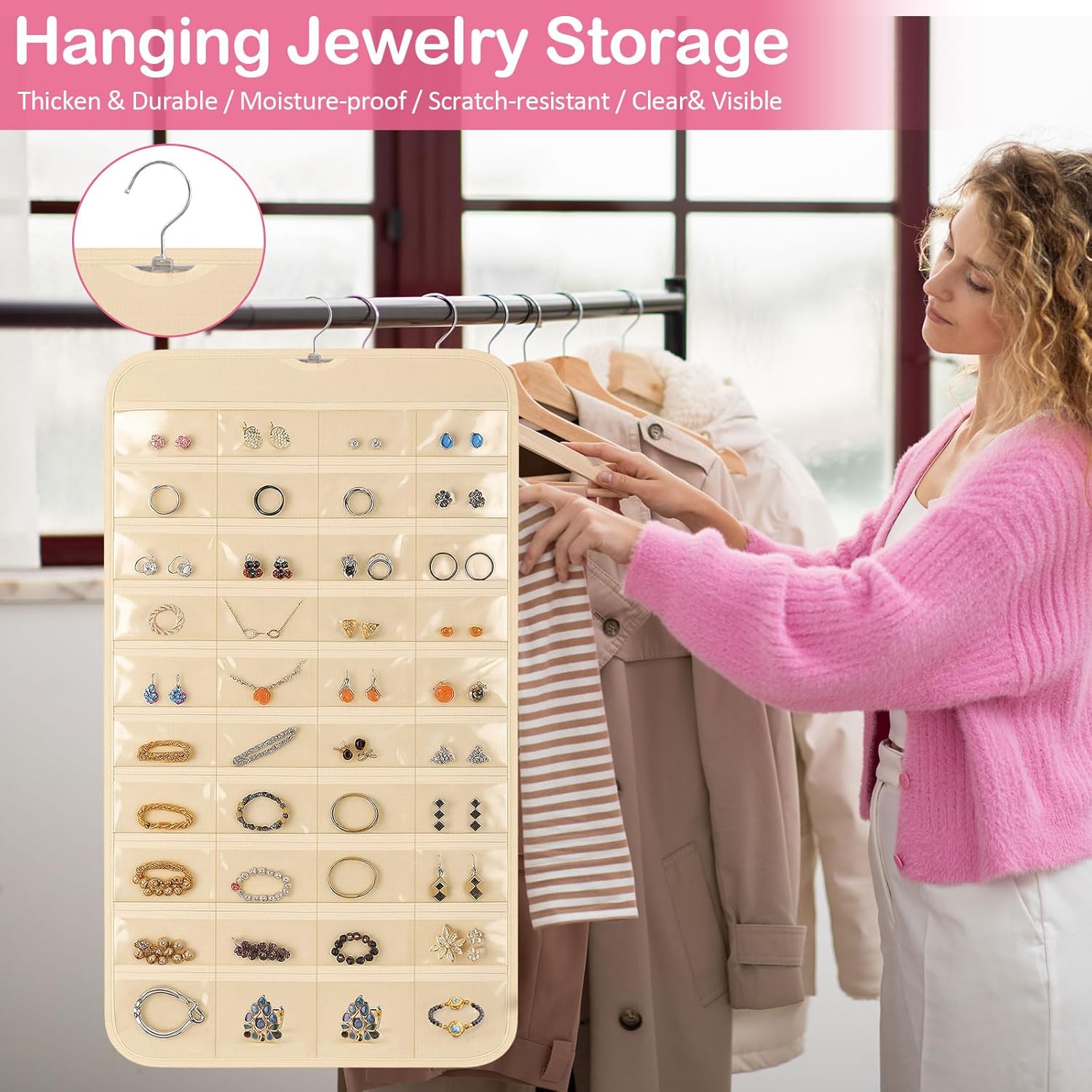 1 Pack Hanging Jewelry Organizer, 80 Clear Pockets earring organizer and storage, Accessories holder organizer for Closet, Jewelries, Necklace, Travel - Image 5
