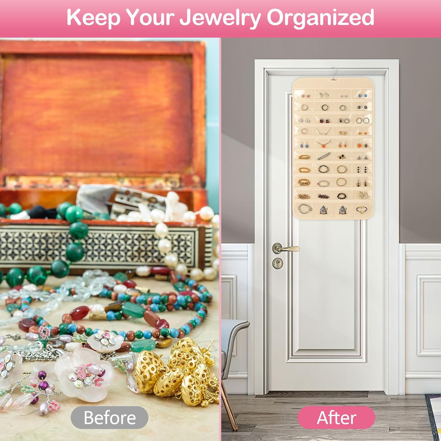 1 Pack Hanging Jewelry Organizer, 80 Clear Pockets earring organizer and storage, Accessories holder organizer for Closet, Jewelries, Necklace, Travel - Image 6