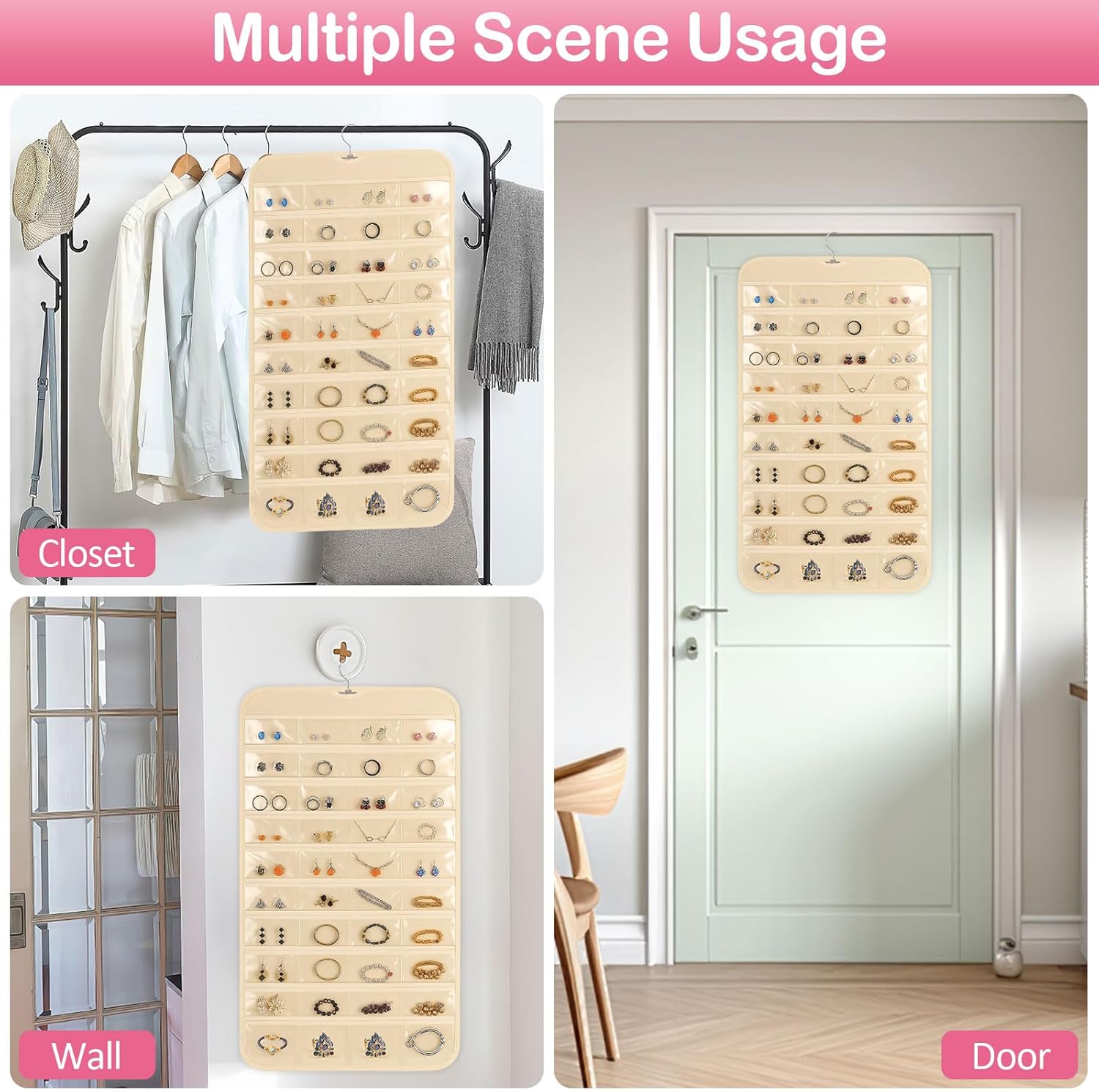 1 Pack Hanging Jewelry Organizer, 80 Clear Pockets earring organizer and storage, Accessories holder organizer for Closet, Jewelries, Necklace, Travel - Image 7