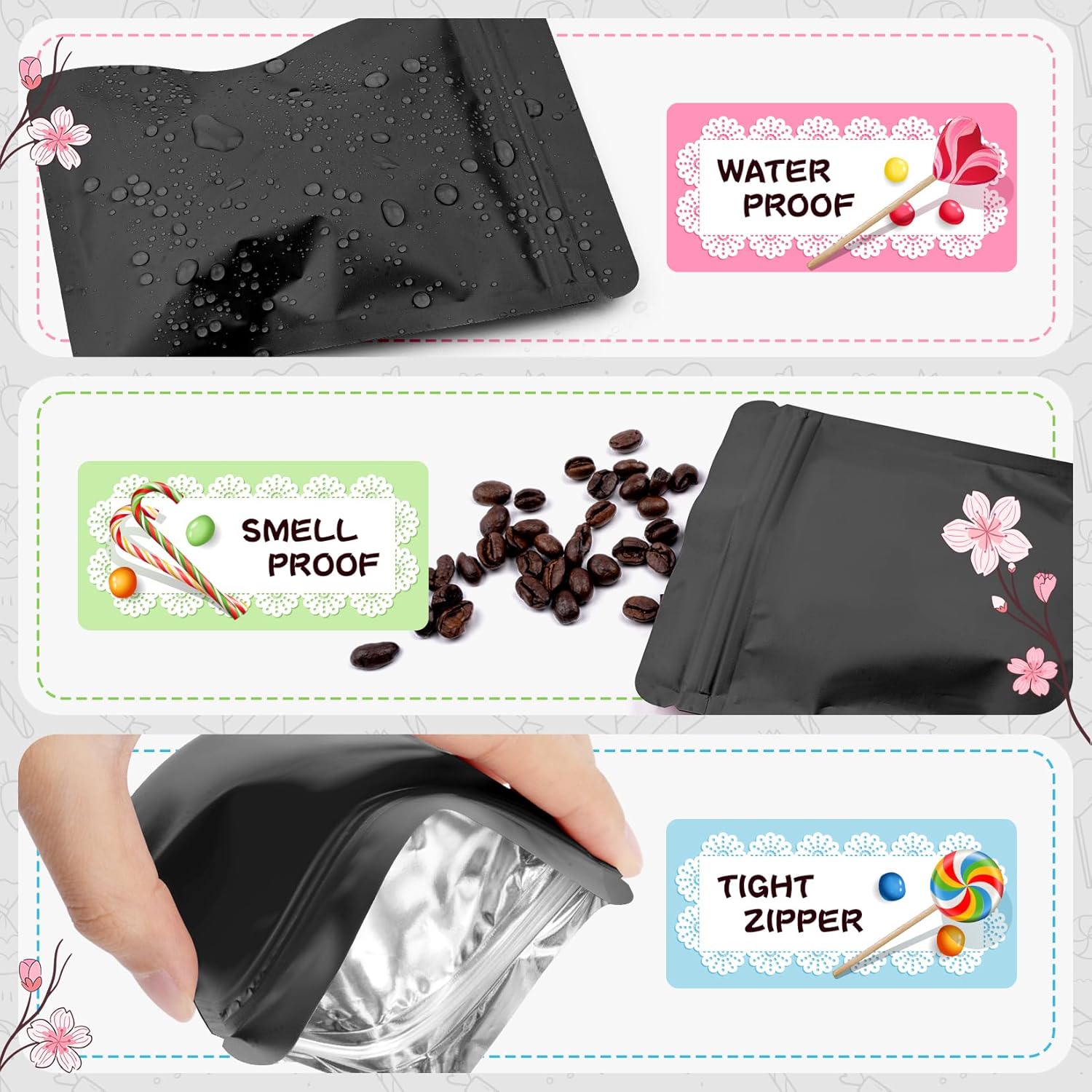 100 Pack Black Mylar Packaging Bags Resealable Bags Double Sided Color Odor Proof Pouch Baggies Smell Proof Foil Bag for Food Storage,Small Business(Black,3x4.7inch) - Image 5