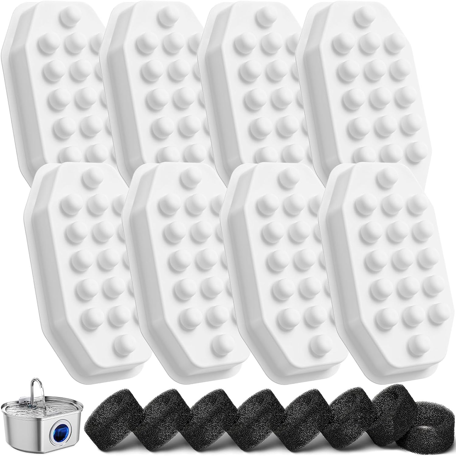 Official 8 Pack Cat Water Fountain Replacement Filters & Pre-Filter Sponges for 108oz/3.2 Stainless Steel Pet Water Fountain - Image 1
