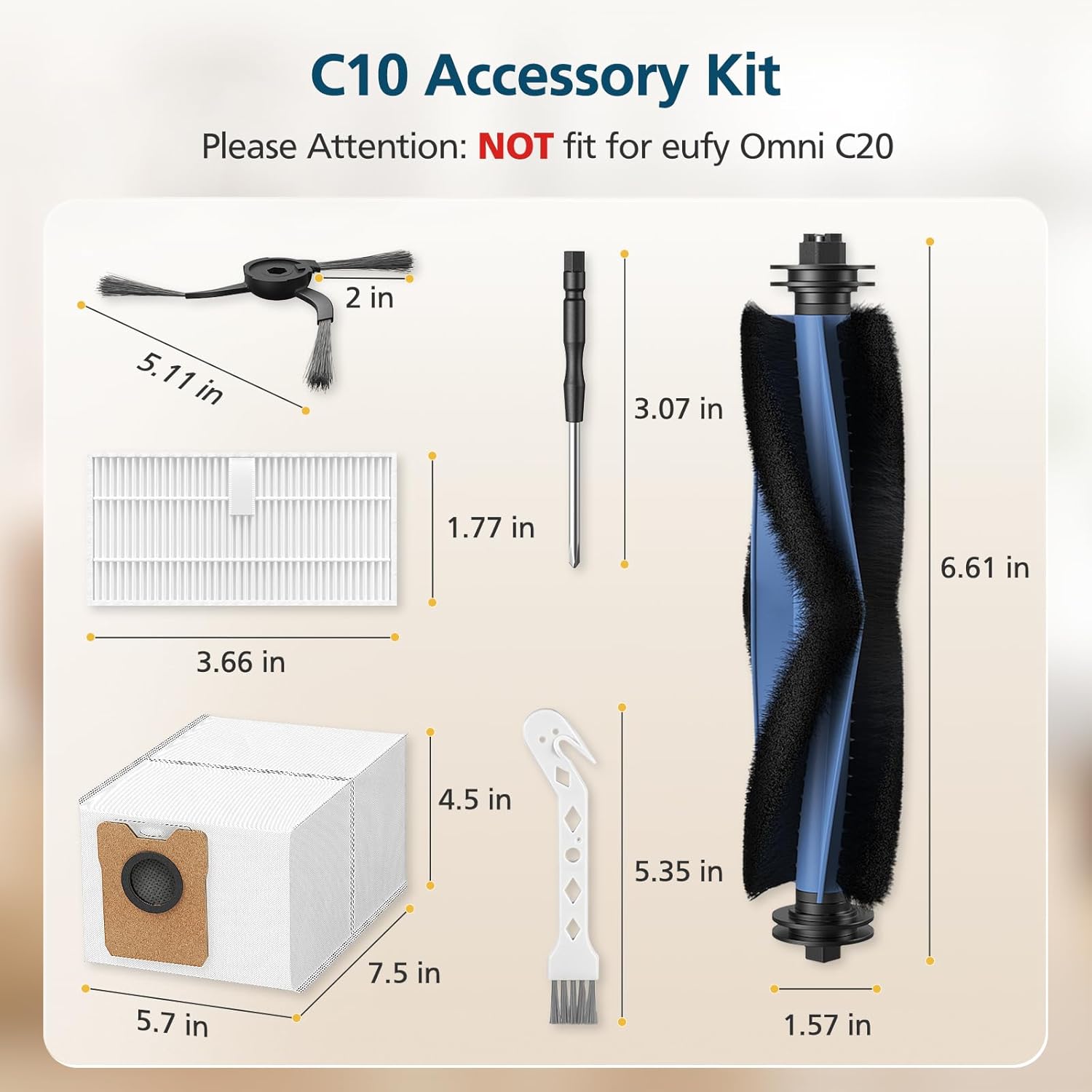 C10 Accessories for eufy C10 Robot Vacuum, 22 Pack Replacement Parts Include: 2* Main Rolling Brush, 6* Washable Filter, 6* Side Brush, 6* Dust Bag, 2* Cleaning Tool - Image 2