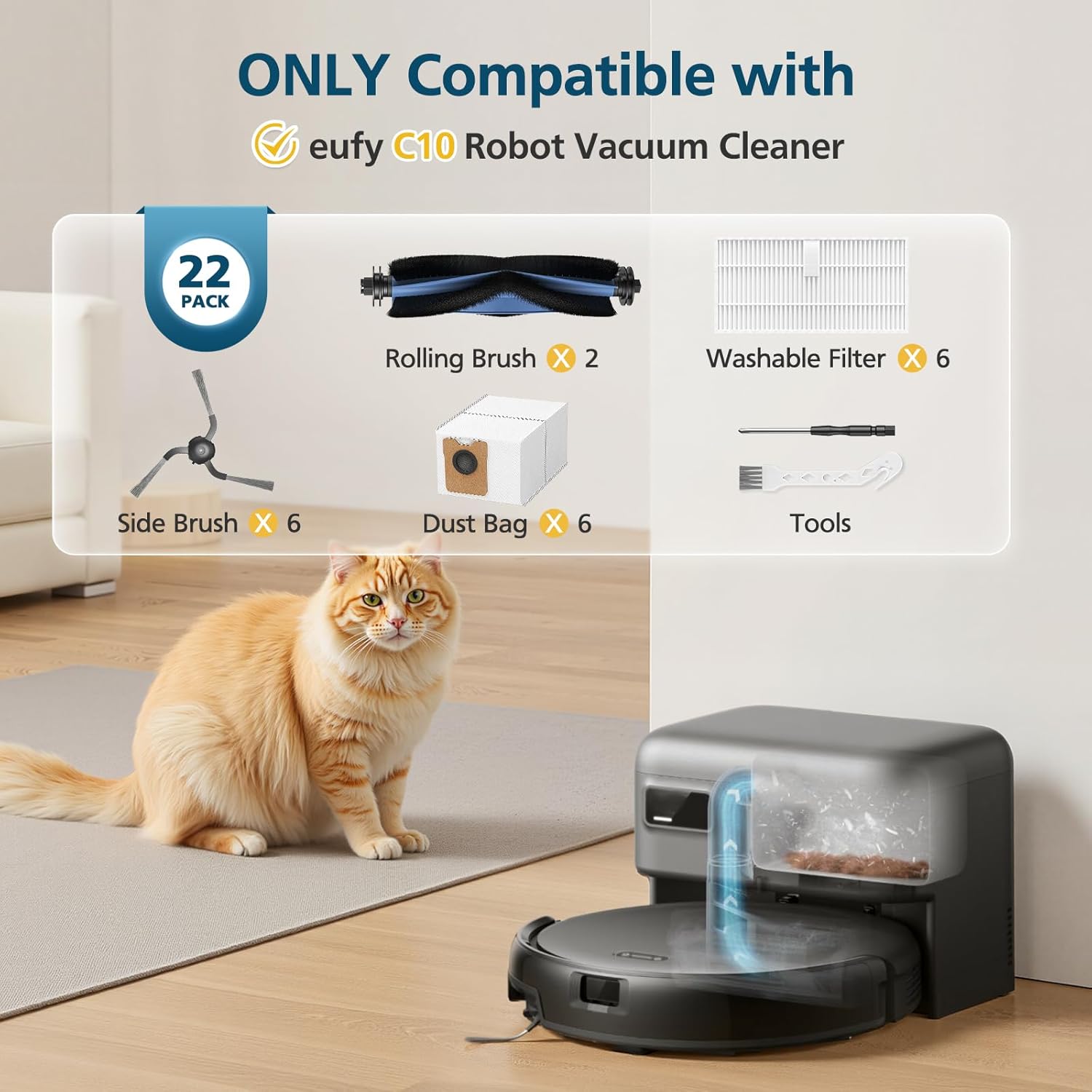 C10 Accessories for eufy C10 Robot Vacuum, 22 Pack Replacement Parts Include: 2* Main Rolling Brush, 6* Washable Filter, 6* Side Brush, 6* Dust Bag, 2* Cleaning Tool - Image 3