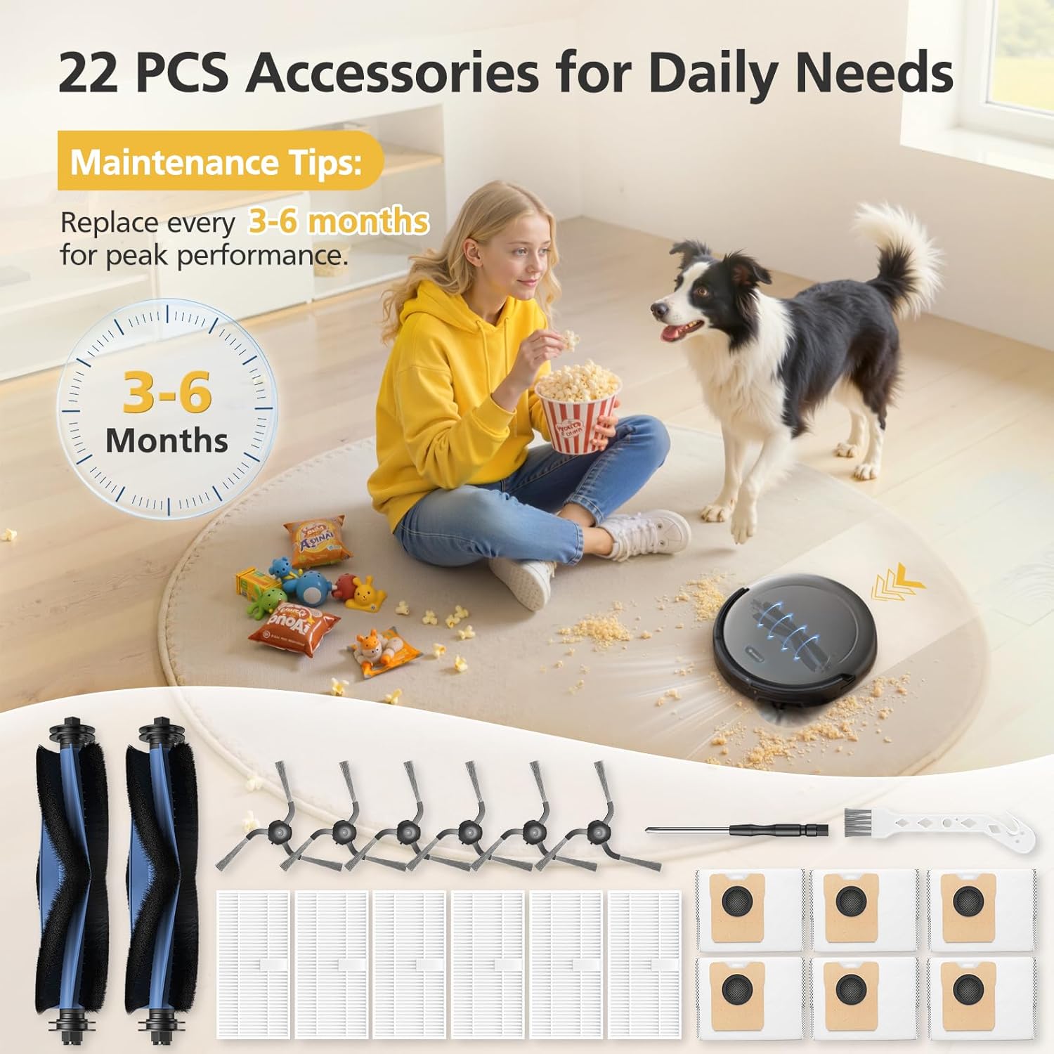 C10 Accessories for eufy C10 Robot Vacuum, 22 Pack Replacement Parts Include: 2* Main Rolling Brush, 6* Washable Filter, 6* Side Brush, 6* Dust Bag, 2* Cleaning Tool - Image 8