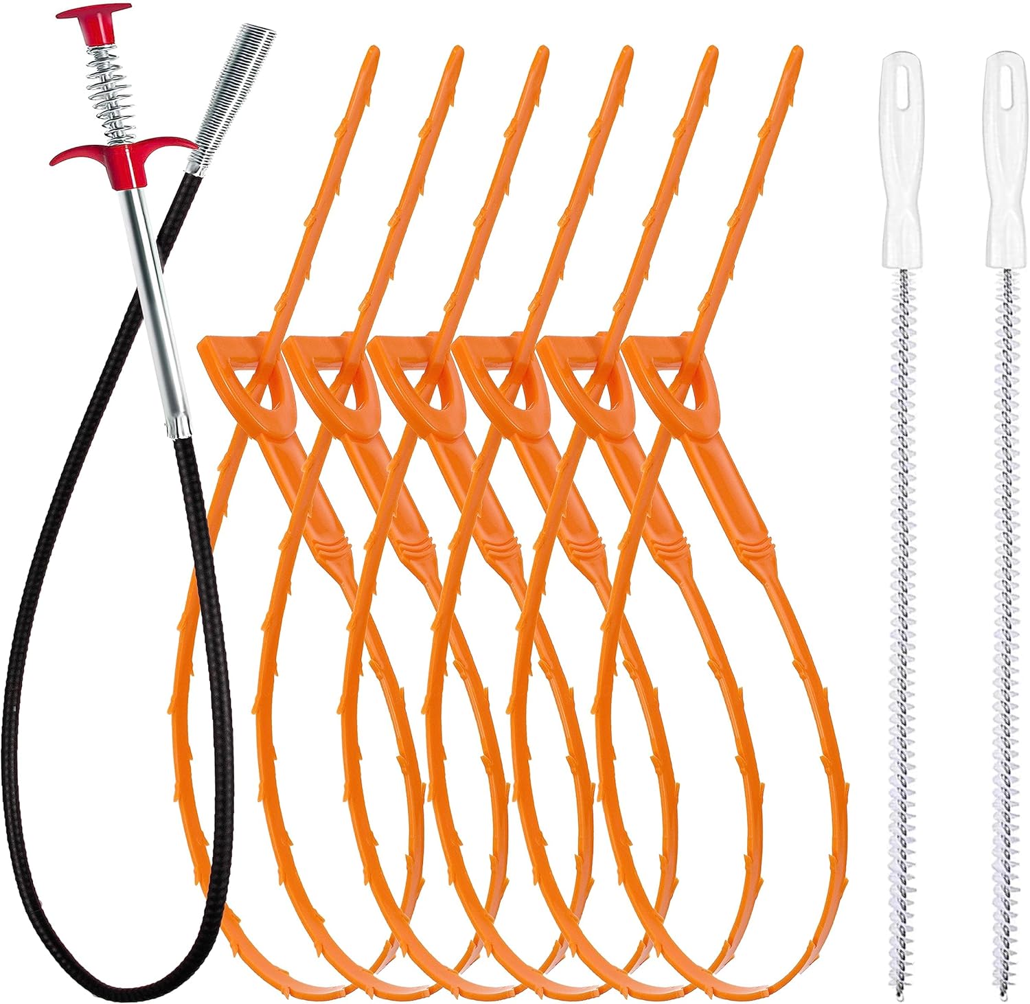 35.5inch Drain Clog Remover(1pcs), 25inch Drain Snake Hair Remover(6pcs) ＆ Cleaning Brush(2pcs), Hair Catcher Drain Auger Cleaner Tool Set For Toilet, Kitchen Sink, Bathroom Tub, Sewer, 9 Pack - Image 1