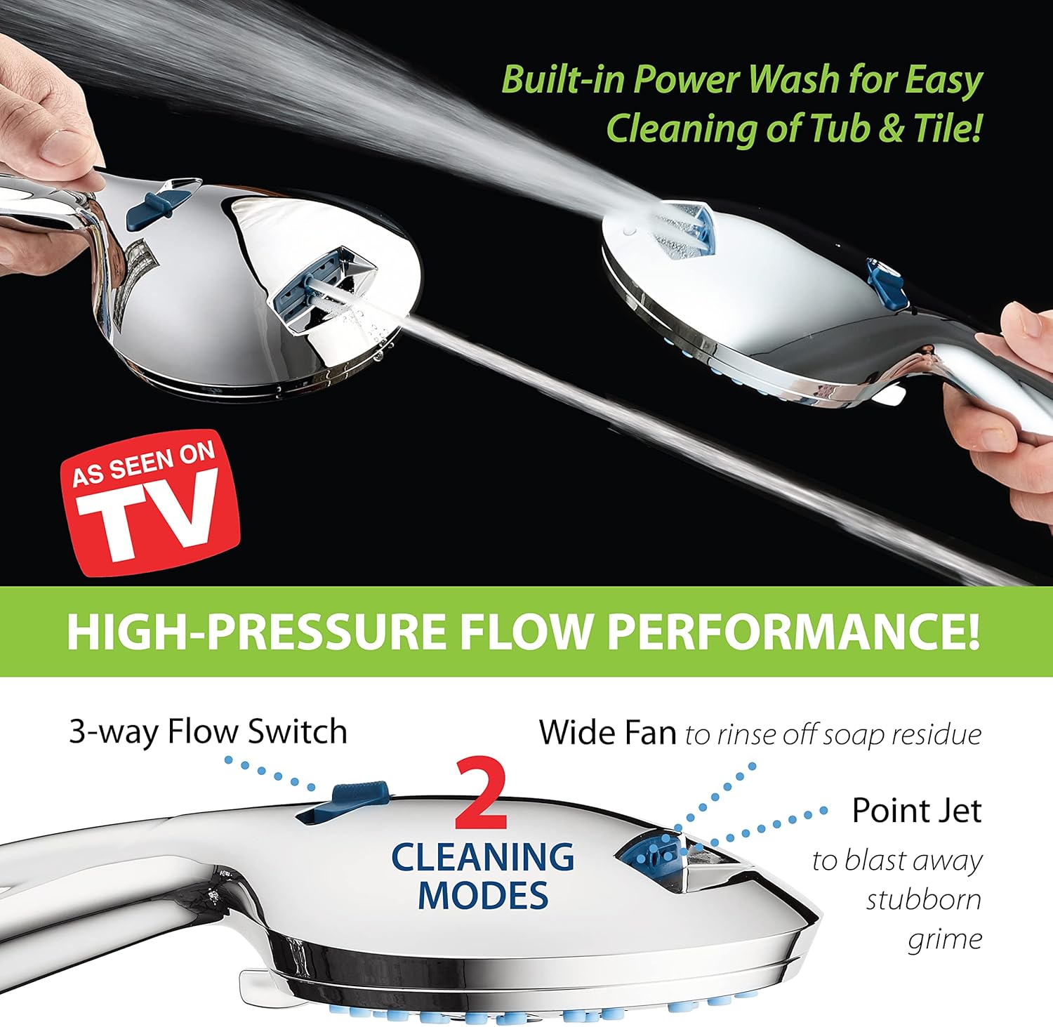 AquaCare High Pressure 8-mode Handheld Shower Head - Anti-clog Nozzles, Built-in Power Wash to Clean Tub, Tile & Pets, Extra Long 6 ft. Stainless Steel Hose, Wall & Overhead Brackets - Image 5