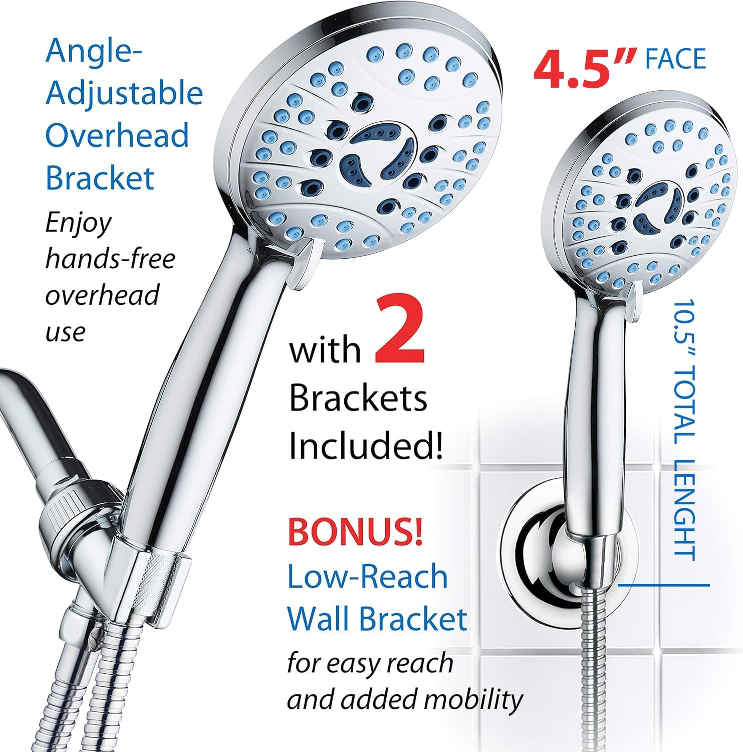 AquaCare High Pressure 8-mode Handheld Shower Head - Anti-clog Nozzles, Built-in Power Wash to Clean Tub, Tile & Pets, Extra Long 6 ft. Stainless Steel Hose, Wall & Overhead Brackets - Image 8