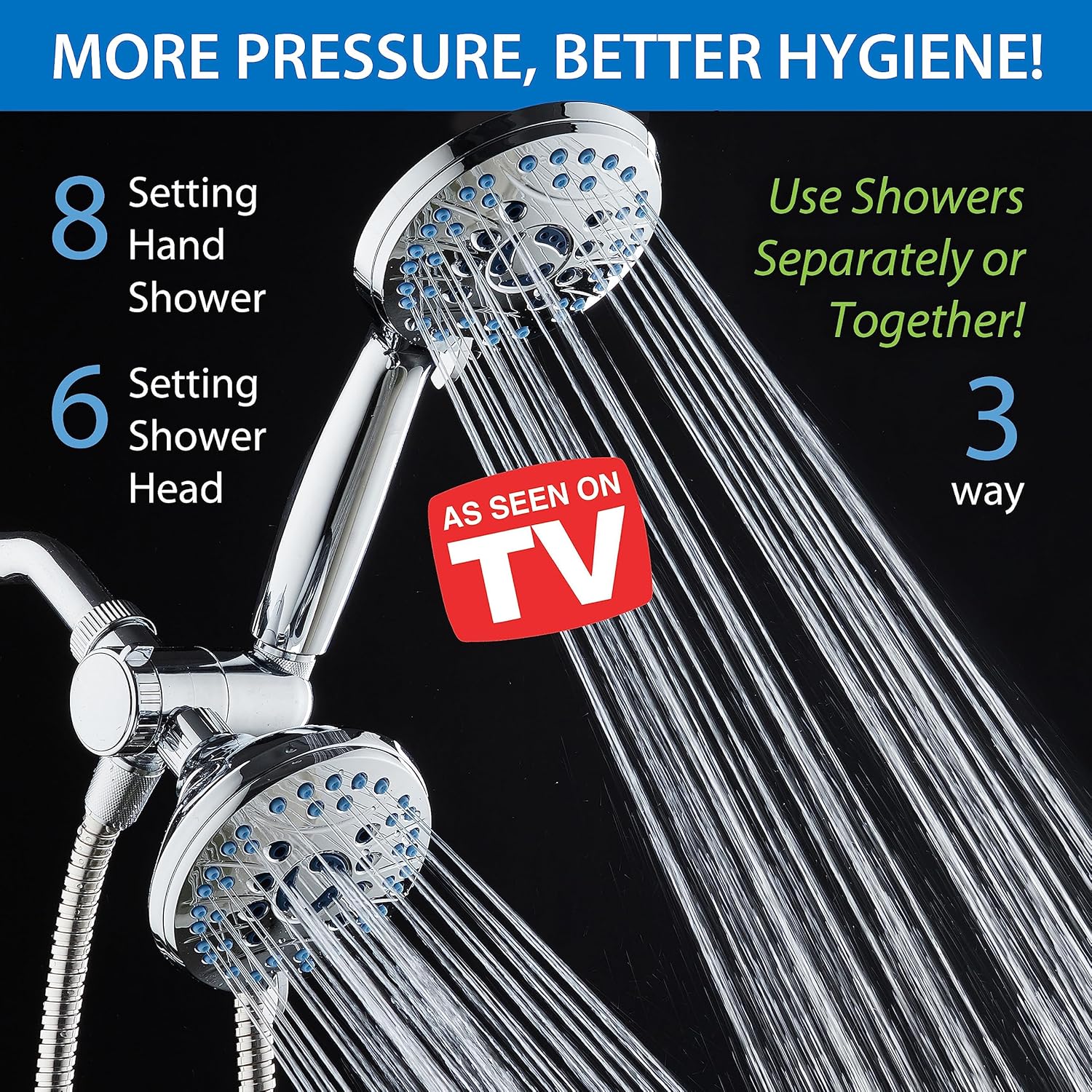 AquaCare As-Seen-On-TV High Pressure 48-setting Rain & Handheld 3-way Shower Head Combo - Anti-clog Nozzles/Tub, Tile & Pet Power Wash/Extra Long 6 ft. Hose/All Chrome Finish - Image 2