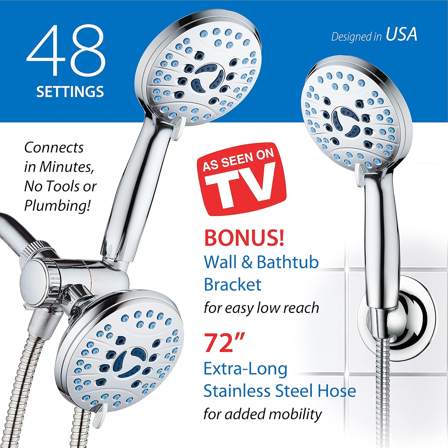 AquaCare As-Seen-On-TV High Pressure 48-setting Rain & Handheld 3-way Shower Head Combo - Anti-clog Nozzles/Tub, Tile & Pet Power Wash/Extra Long 6 ft. Hose/All Chrome Finish - Image 6