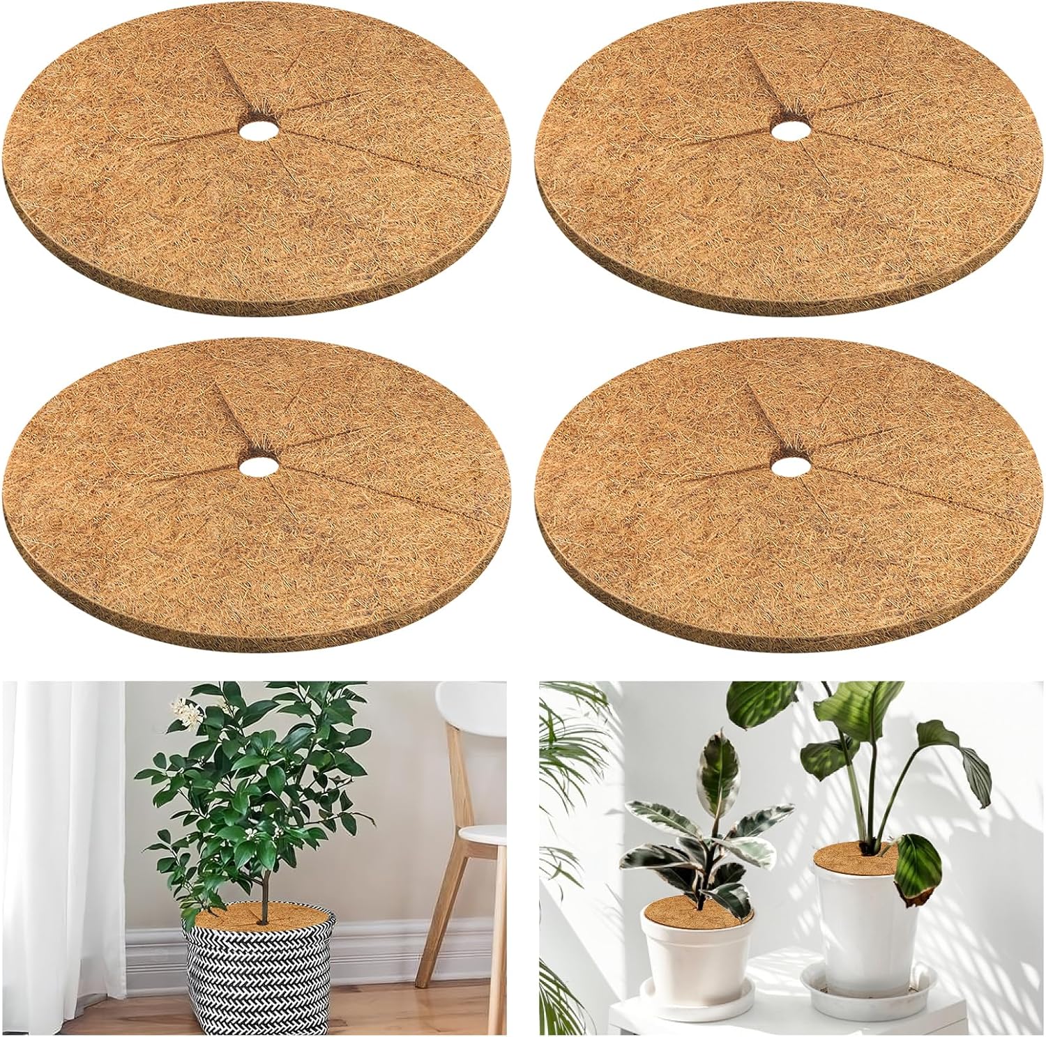 4pcs Coconut Fiber Mulch Ring Tree Plant Protector Mat, 11.8 Inch Natural Coco Coir Tree Mulch Ring Plant Pot Soil Cover, Tree Rings Disc Plant Cover for Indoor Outdoor Plants, Landscaping - Image 1