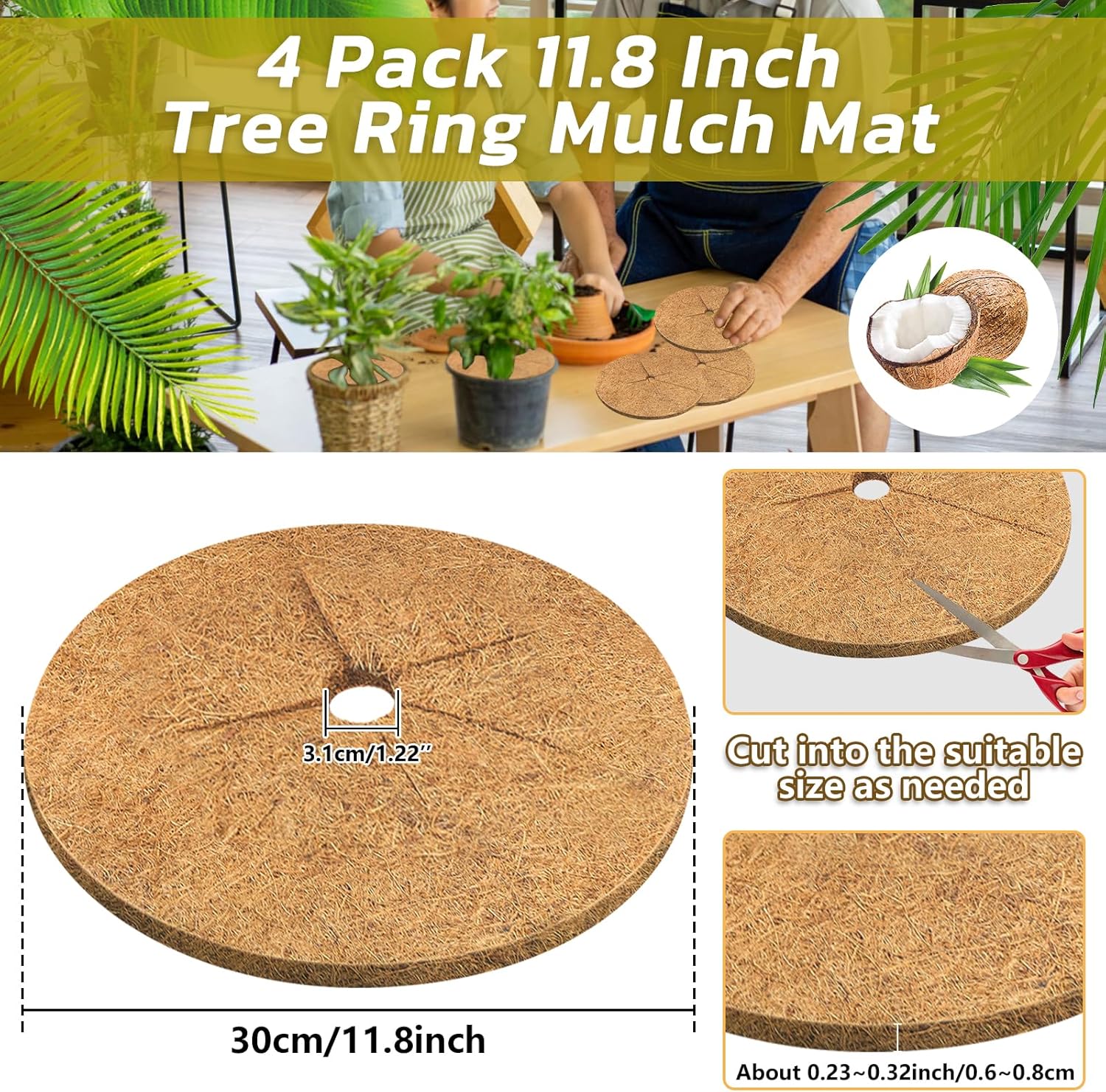 4pcs Coconut Fiber Mulch Ring Tree Plant Protector Mat, 11.8 Inch Natural Coco Coir Tree Mulch Ring Plant Pot Soil Cover, Tree Rings Disc Plant Cover for Indoor Outdoor Plants, Landscaping - Image 2