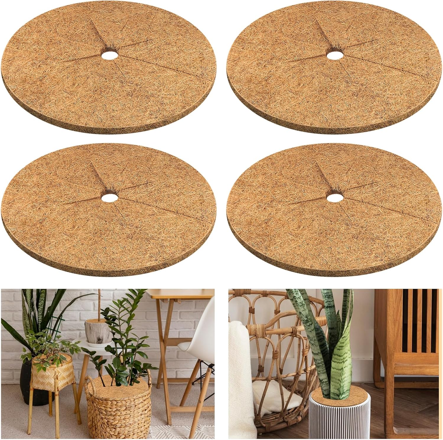 4pcs Coconut Fiber Mulch Ring Tree Plant Protector Mat, 14 Inch Natural Coco Coir Tree Mulch Ring Plant Pot Soil Cover, Tree Rings Disc Plant Cover for Indoor Outdoor Plants, Landscaping - Image 1