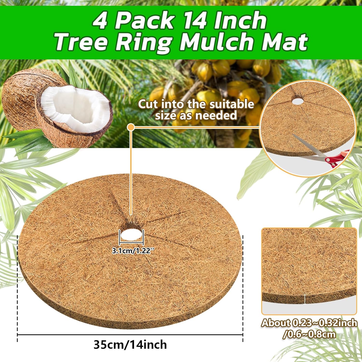 4pcs Coconut Fiber Mulch Ring Tree Plant Protector Mat, 14 Inch Natural Coco Coir Tree Mulch Ring Plant Pot Soil Cover, Tree Rings Disc Plant Cover for Indoor Outdoor Plants, Landscaping - Image 2