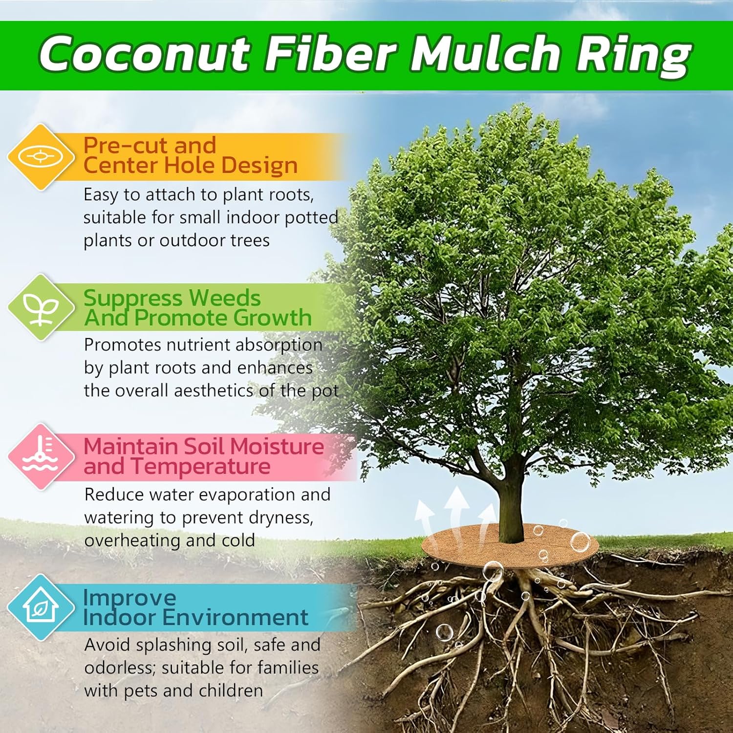 4pcs Coconut Fiber Mulch Ring Tree Plant Protector Mat, 14 Inch Natural Coco Coir Tree Mulch Ring Plant Pot Soil Cover, Tree Rings Disc Plant Cover for Indoor Outdoor Plants, Landscaping - Image 4