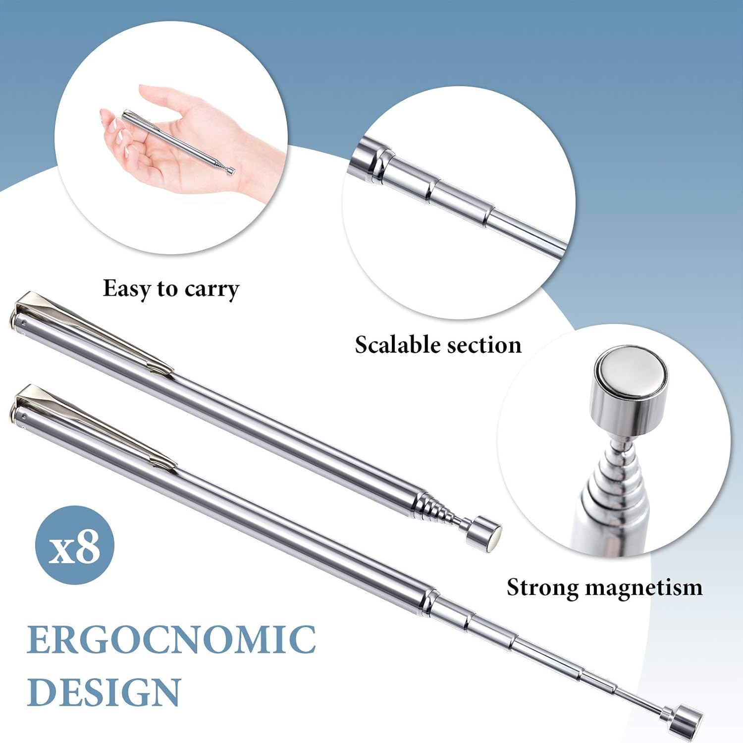 4 Pieces Telescoping Magnetic Pick up Tool Grabbers Reacher Tools with Pocket Clip 25 Inch Telescopic Retrieving Magnet Gift for Man, Father, Mechanic, Handyman, Husband (Silver) - Image 3